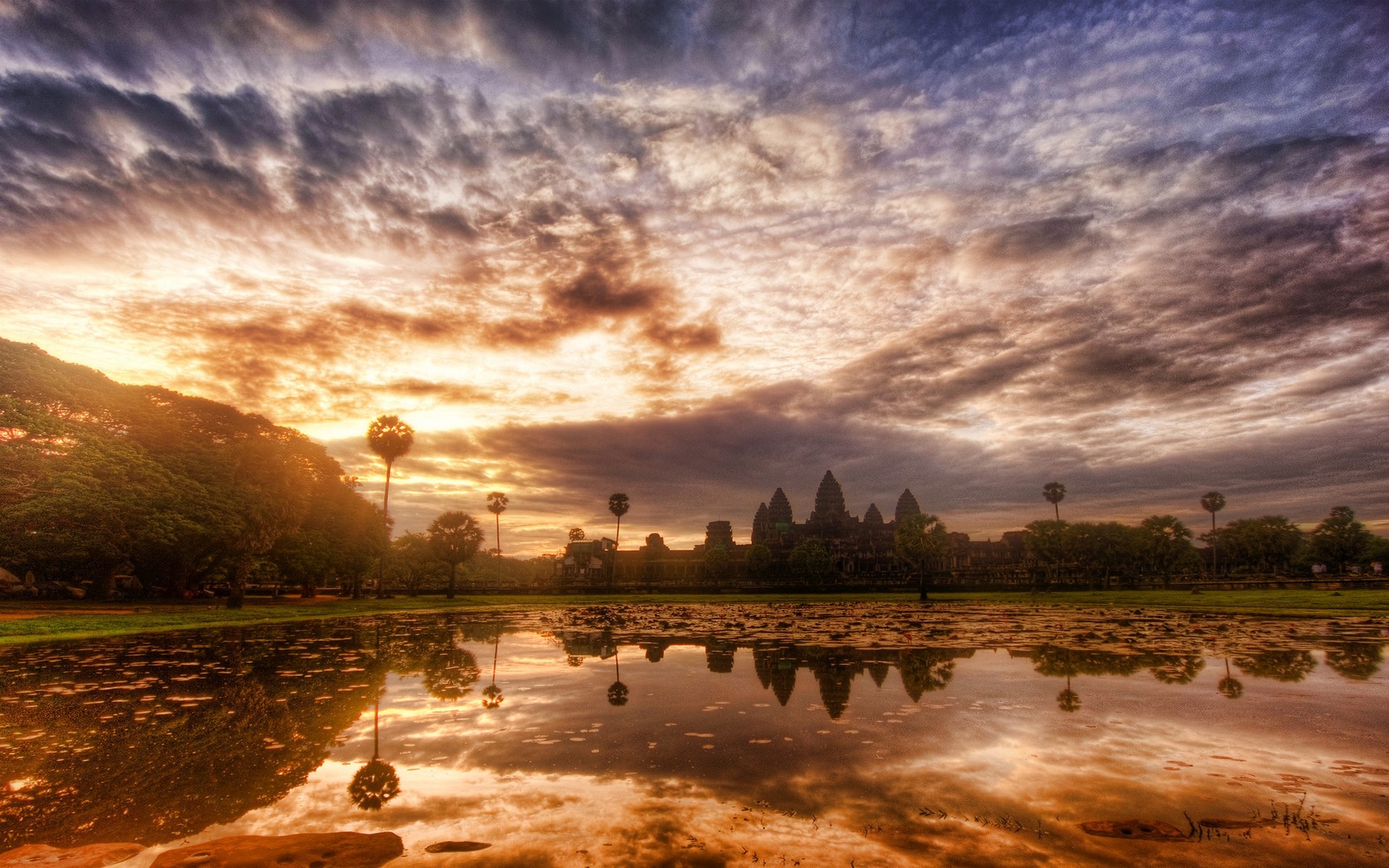 Nature Landscape Sky Clouds Trees Temple Water Reflection Pond World Heritage Site Cambodia 1920x1200