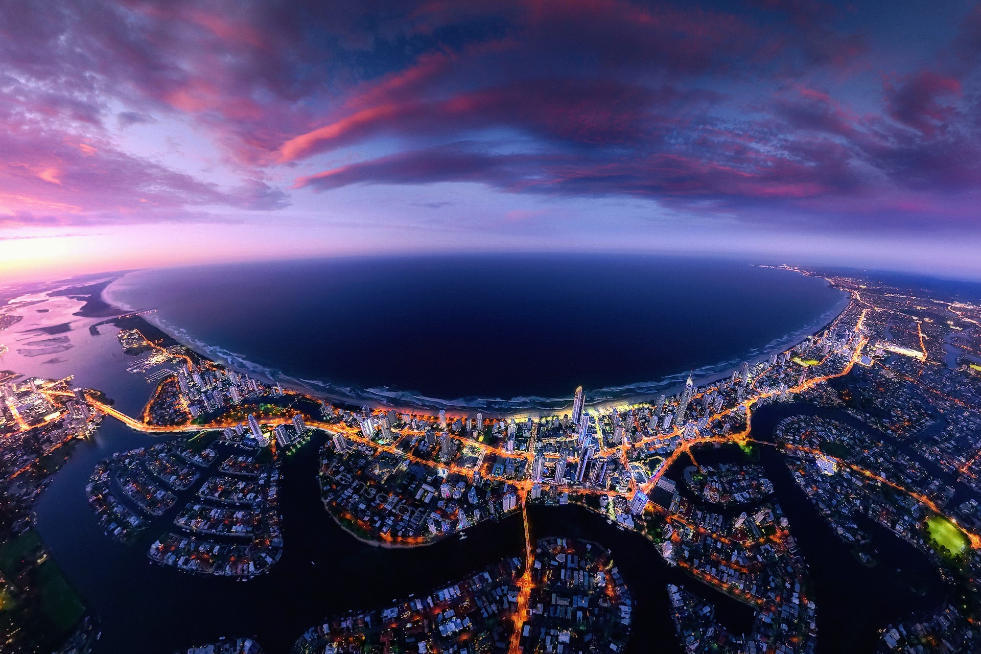 Sky Queensland Horizon Aerial View Clouds Australia Fisheye Lens Coast City 1920x1280