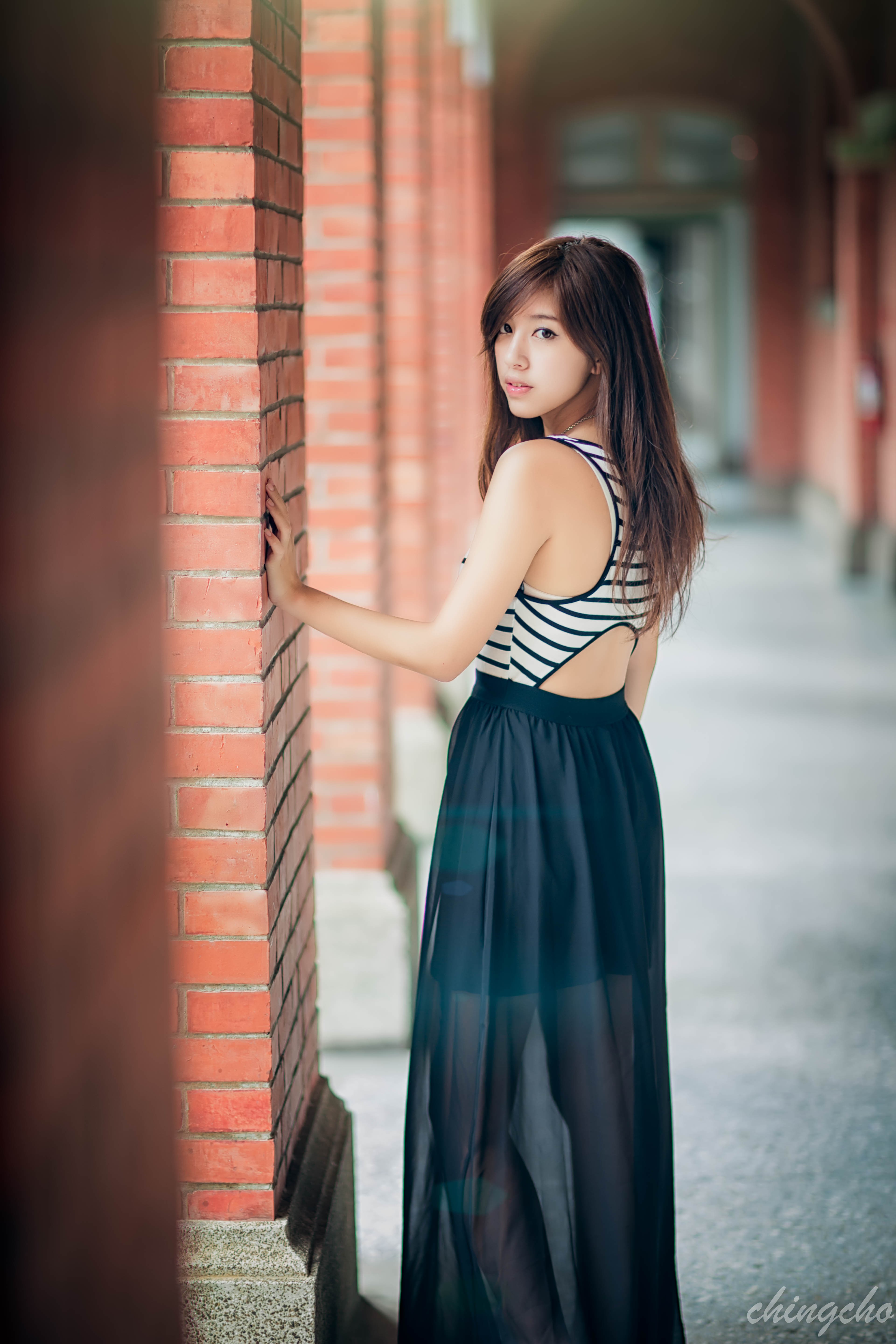 Chingcho Taiwan Taiwanese Asian Women Long Skirt Black Skirts Striped Tops Brunette Eyeliner Looking 3840x5760