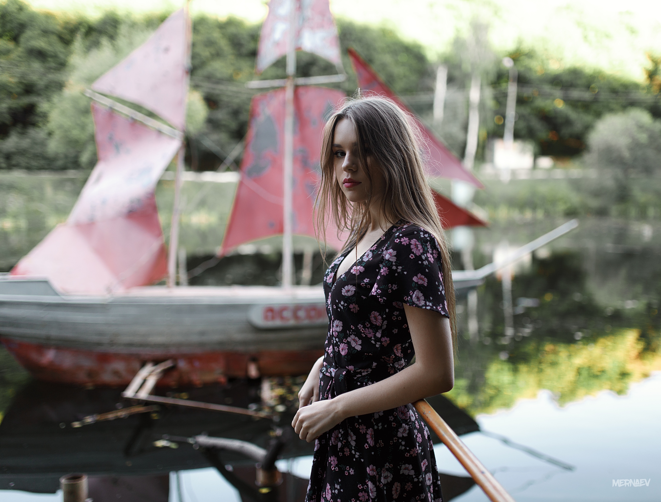 Women Model Portrait Outdoors Looking At Viewer Dress Depth Of Field Boat Lake Women Outdoors Artyom 2560x1946