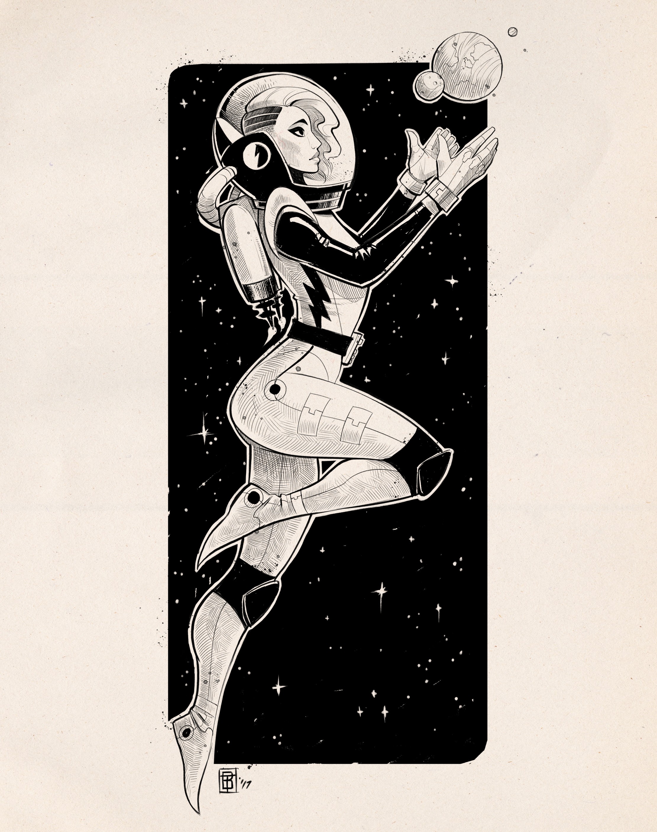 Tess Brownson Drawing Women Monochrome Pencil Drawing Paper Costumes Astronaut Space Illustration 2222x2815