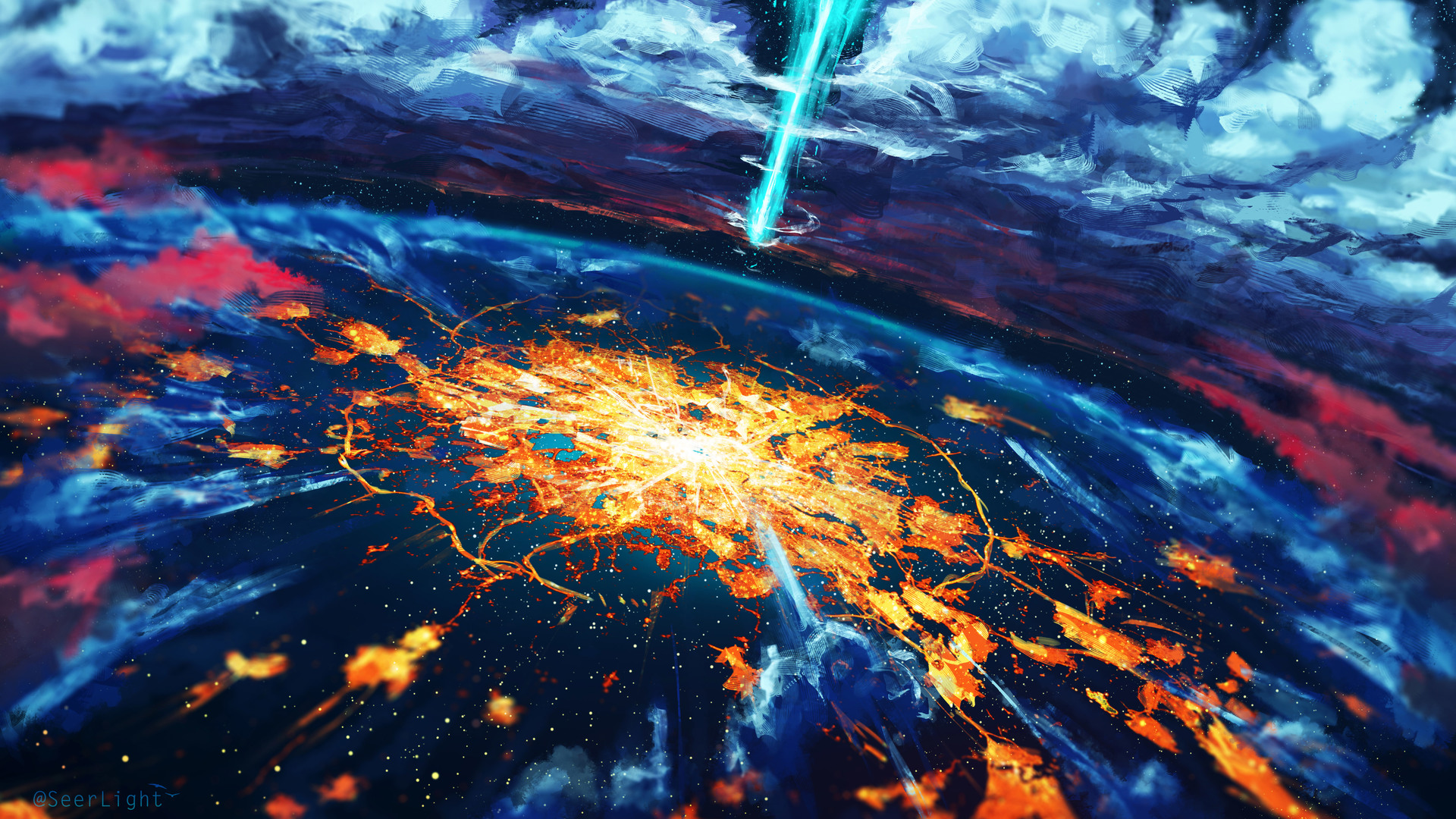 Artwork Fantasy Art Digital Art Meteors Planet Space Blue Orange 1920x1080