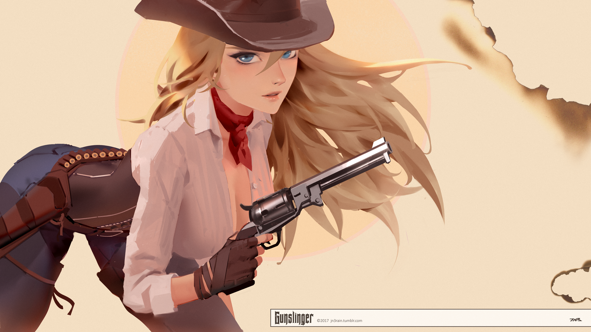 Cowgirl Girls With Guns Revolver Scarf Blonde Blue Eyes Illustration Gloves Cowboy Hats 1920x1080