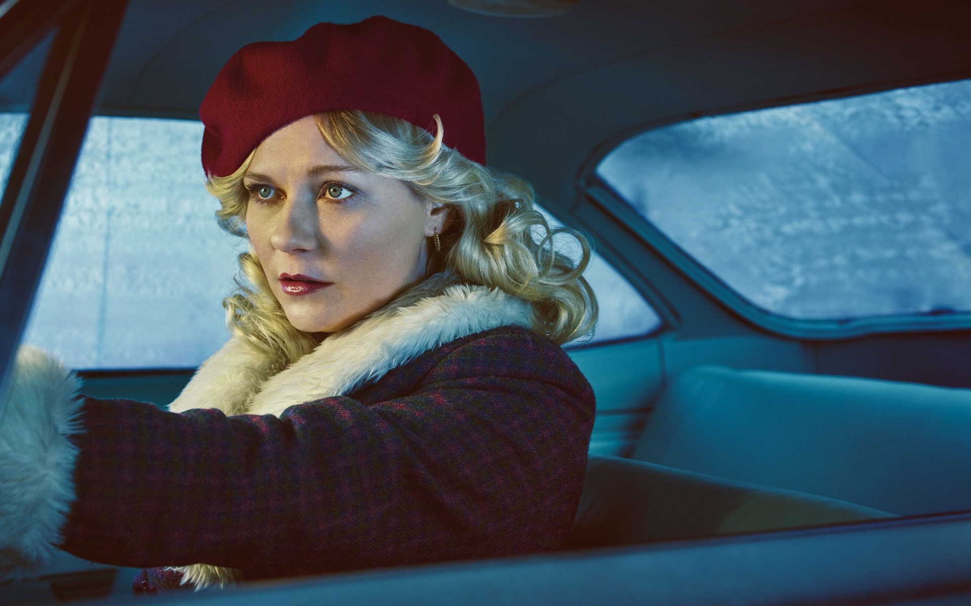 Kirsten Dunst Women Blonde Actress Red Lipstick Car Women With Cars Hat Fargo TV Series TV Blue Eyes 1920x1200