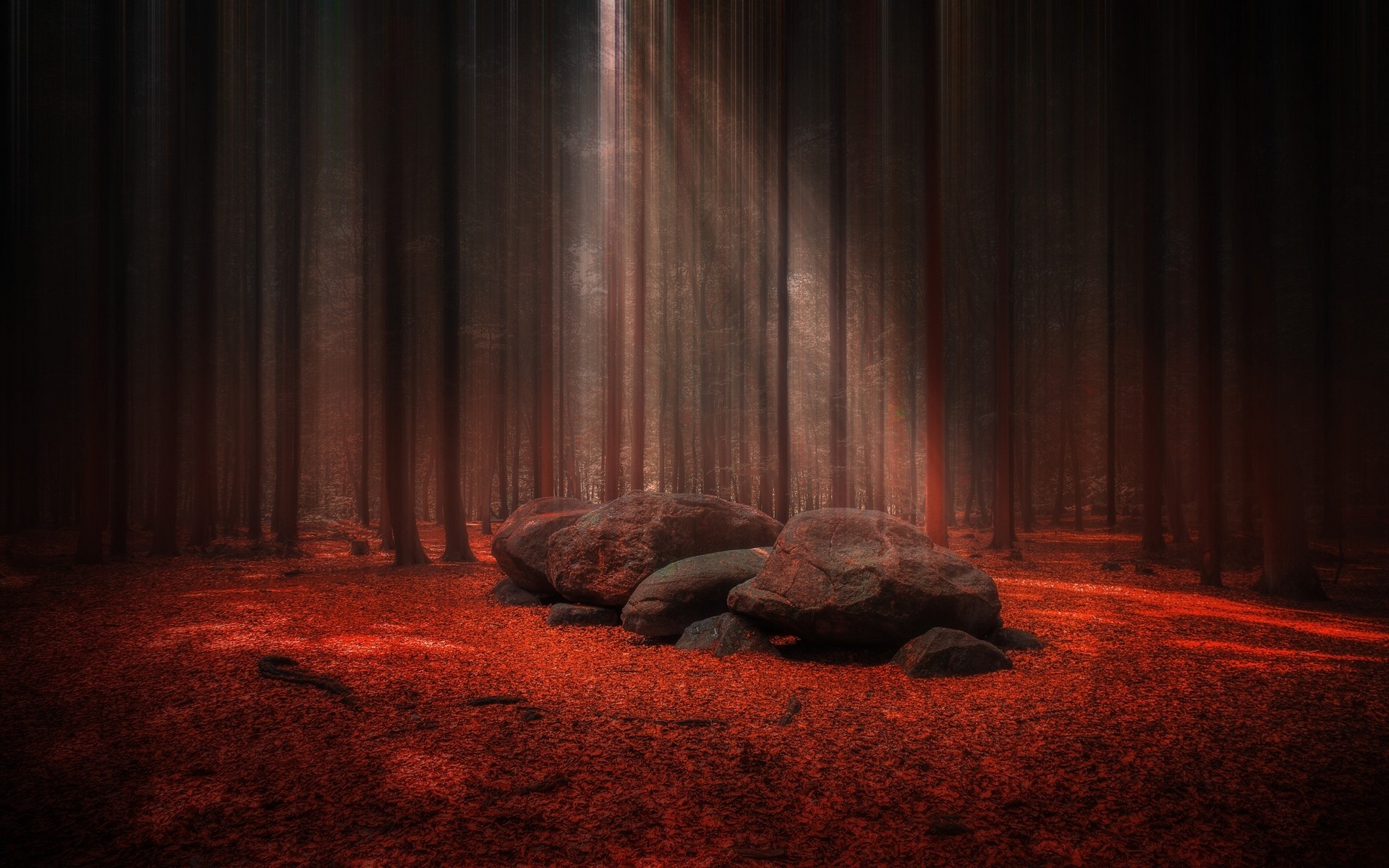 Nature Landscape Sunlight Forest Stones Trees Leaves Red Fall Mist Sun Rays Tomb Atmosphere Path 1920x1200