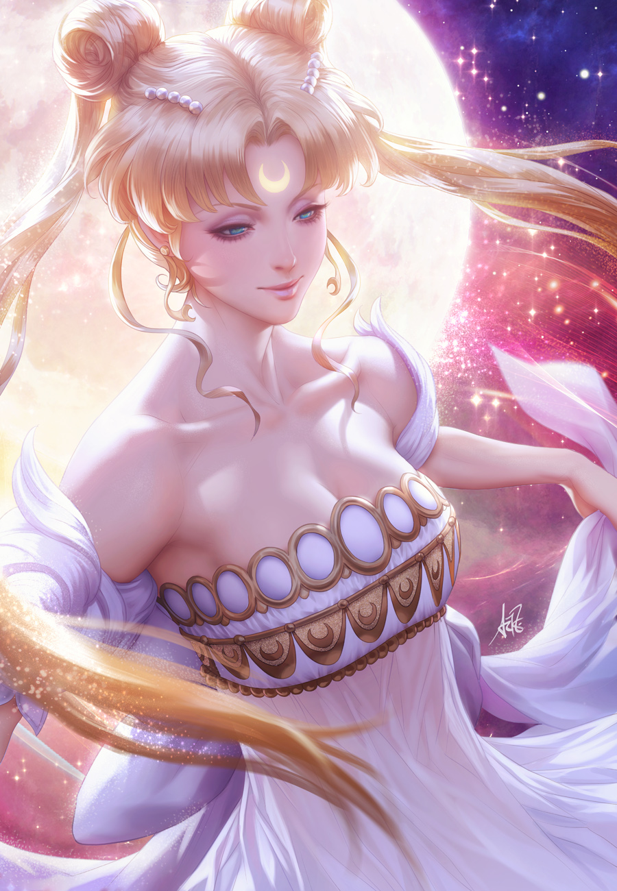 Artgerm Drawing Sailor Moon Queen Serenity Women Pigtails Beads Hair Accessories Glowing Dress White 900x1300