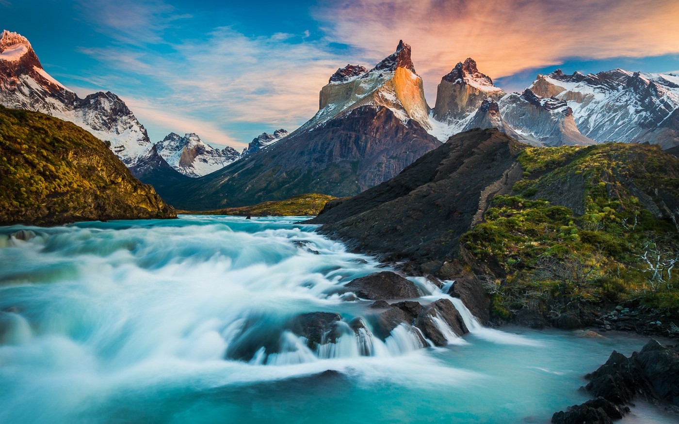 Nature Landscape Torres Del Paine Horns Fall Chile Waterfall Mountains Snowy Peak Long Exposure Turq 1400x875