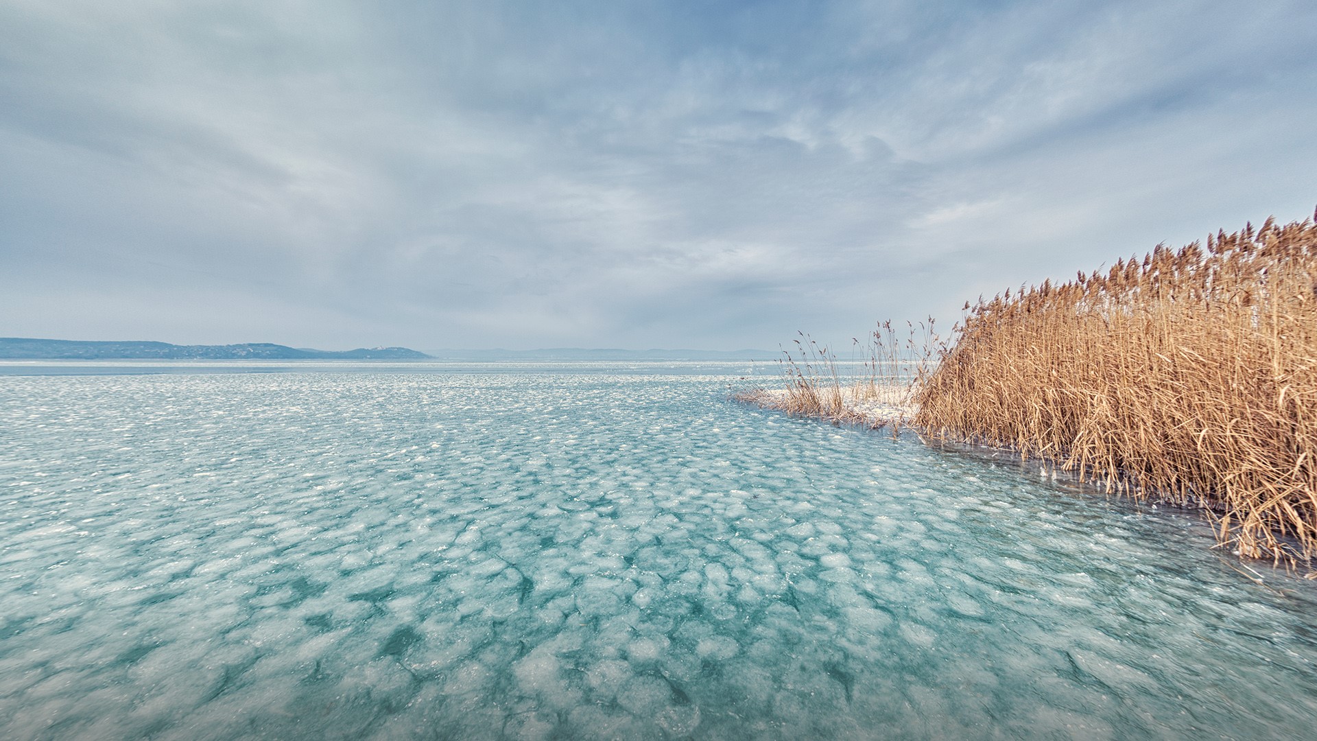 Nature Landscape Plants Clouds Mountains Frozen River Frozen Lake Hungary Lake Balaton 1920x1080
