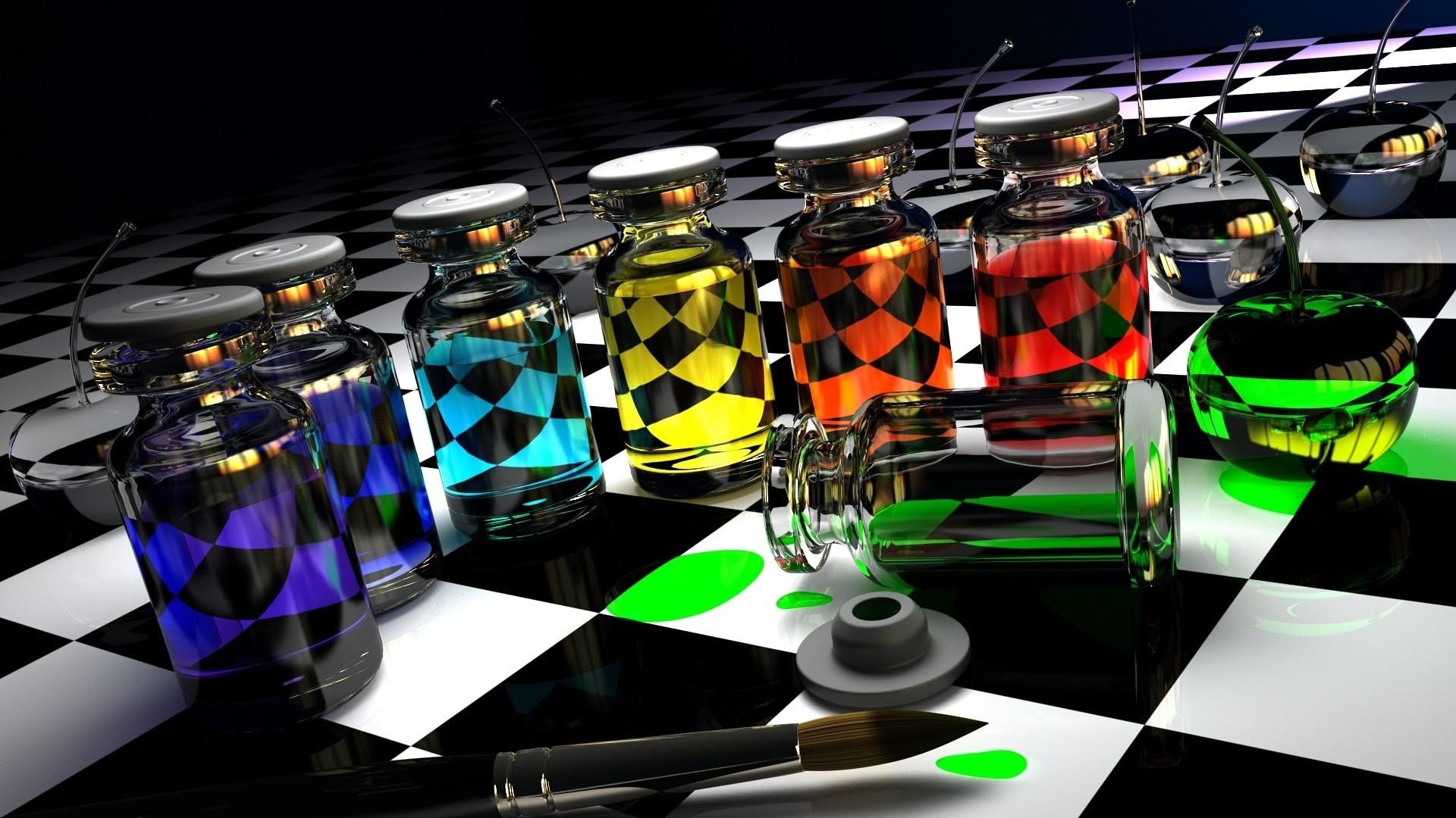 Paintbrushes Paint Can Checkered Colorful Digital Art 1920x1080
