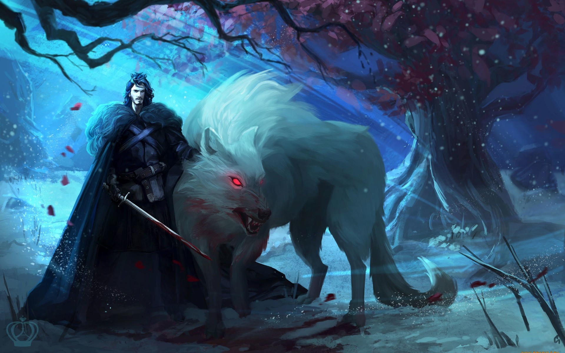 Game Of Thrones Jon Snow Ghost Wolf Direwolves Direwolf Artwork Fantasy Art Concept Art Sword A Song 1920x1200