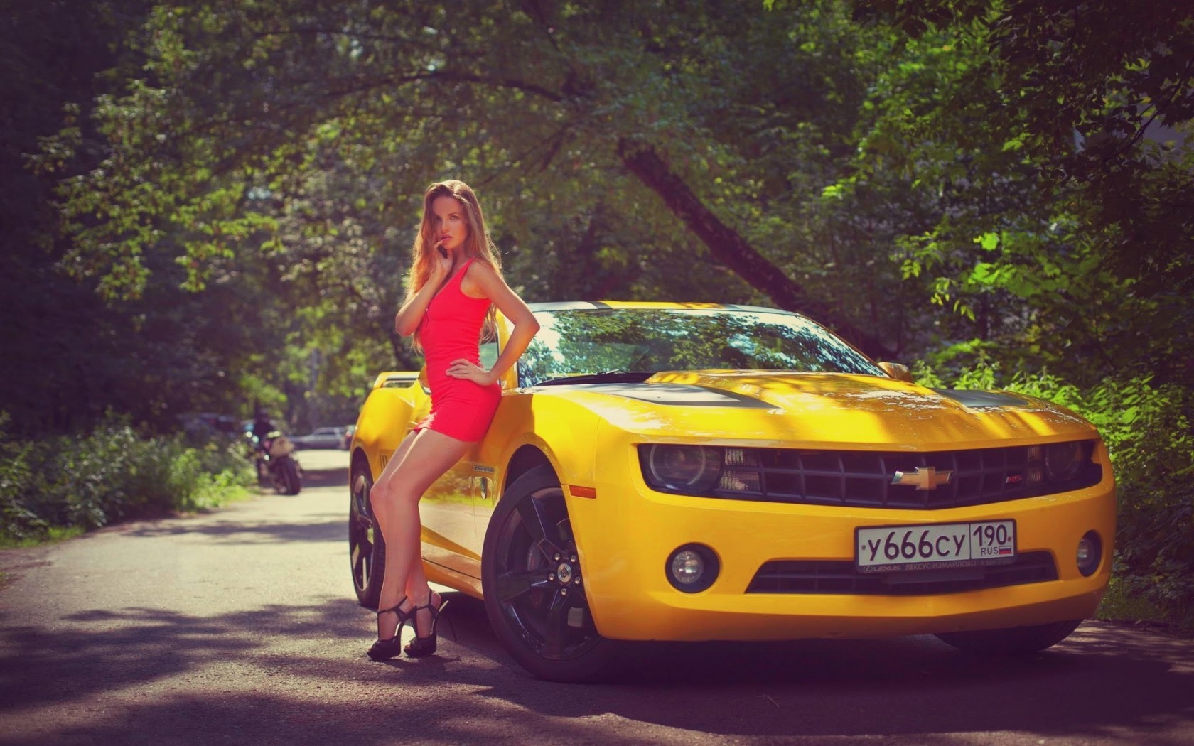 Women Model Red Dress Chevrolet Camaro Bumblebee High Heels Women With Cars 1680x1050