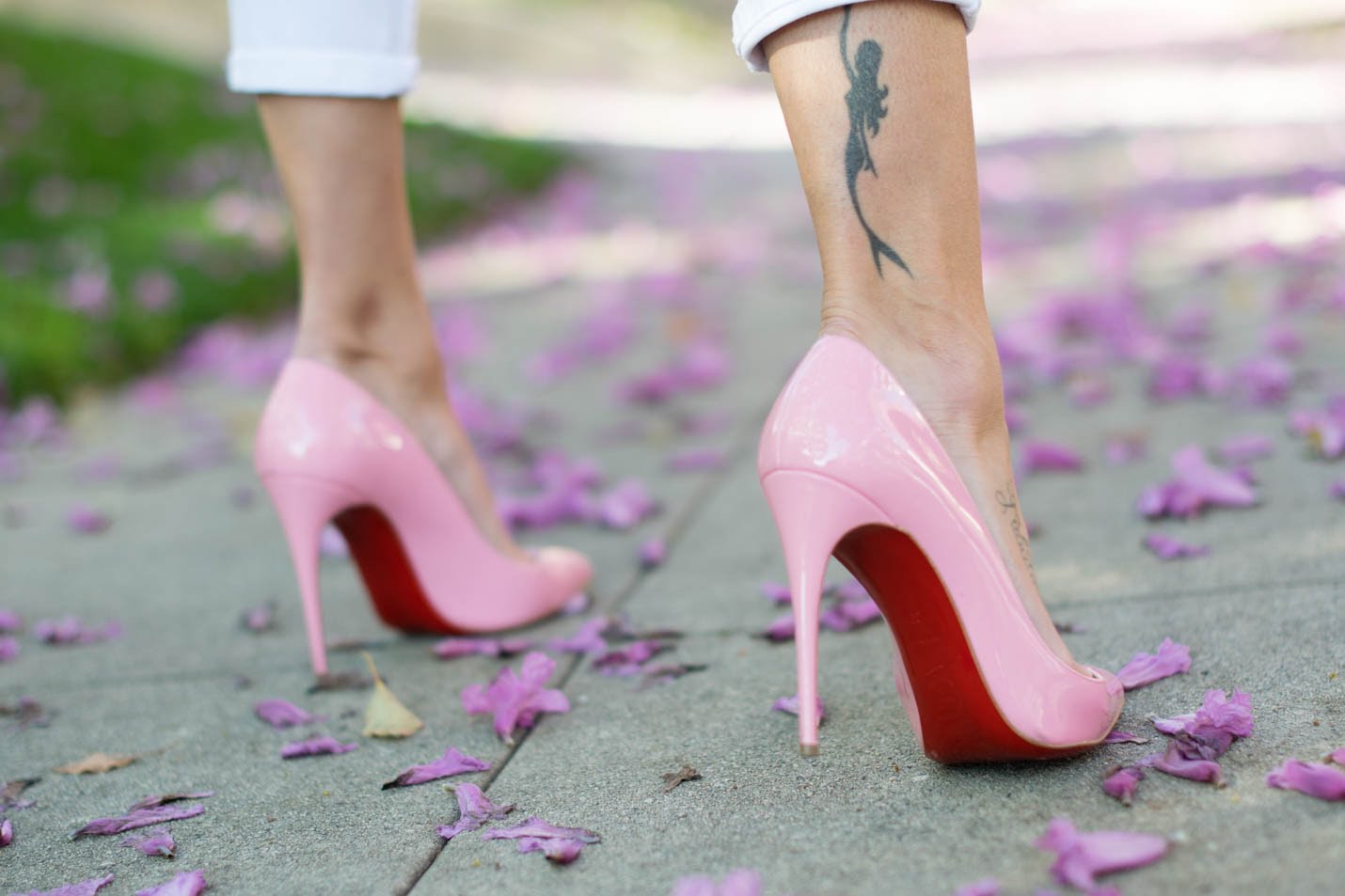 Women High Heels Louboutin Depth Of Field Legs Outdoors Tattoo Flower Petals 1430x953