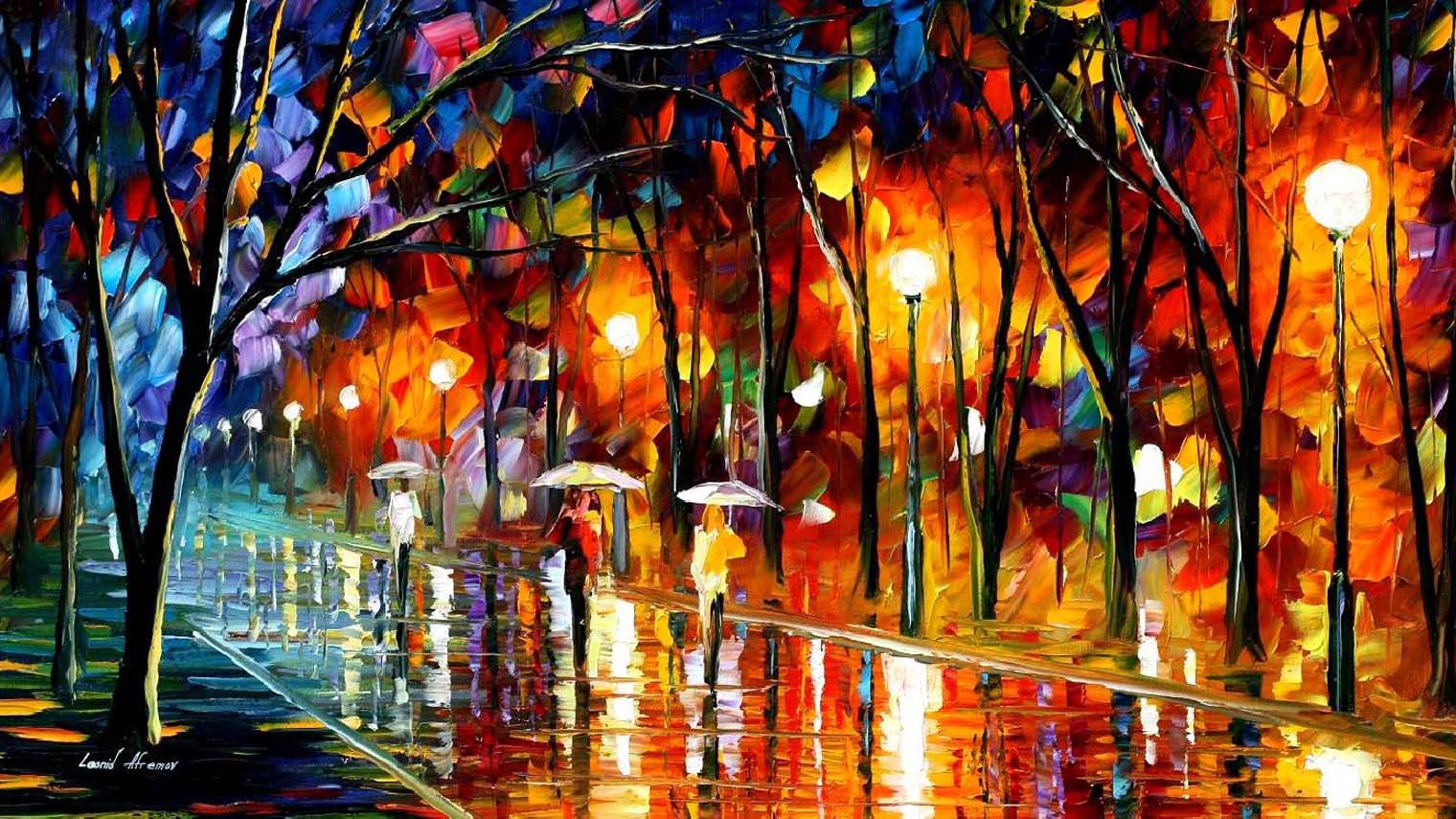 Leonid Afremov Painting Artwork Lantern Rain Umbrella Lights Trees 1520x855