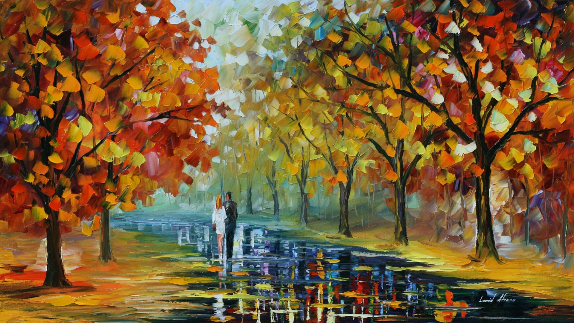 Leonid Afremov Fall Couple Park Trees Path Painting 1919x1079