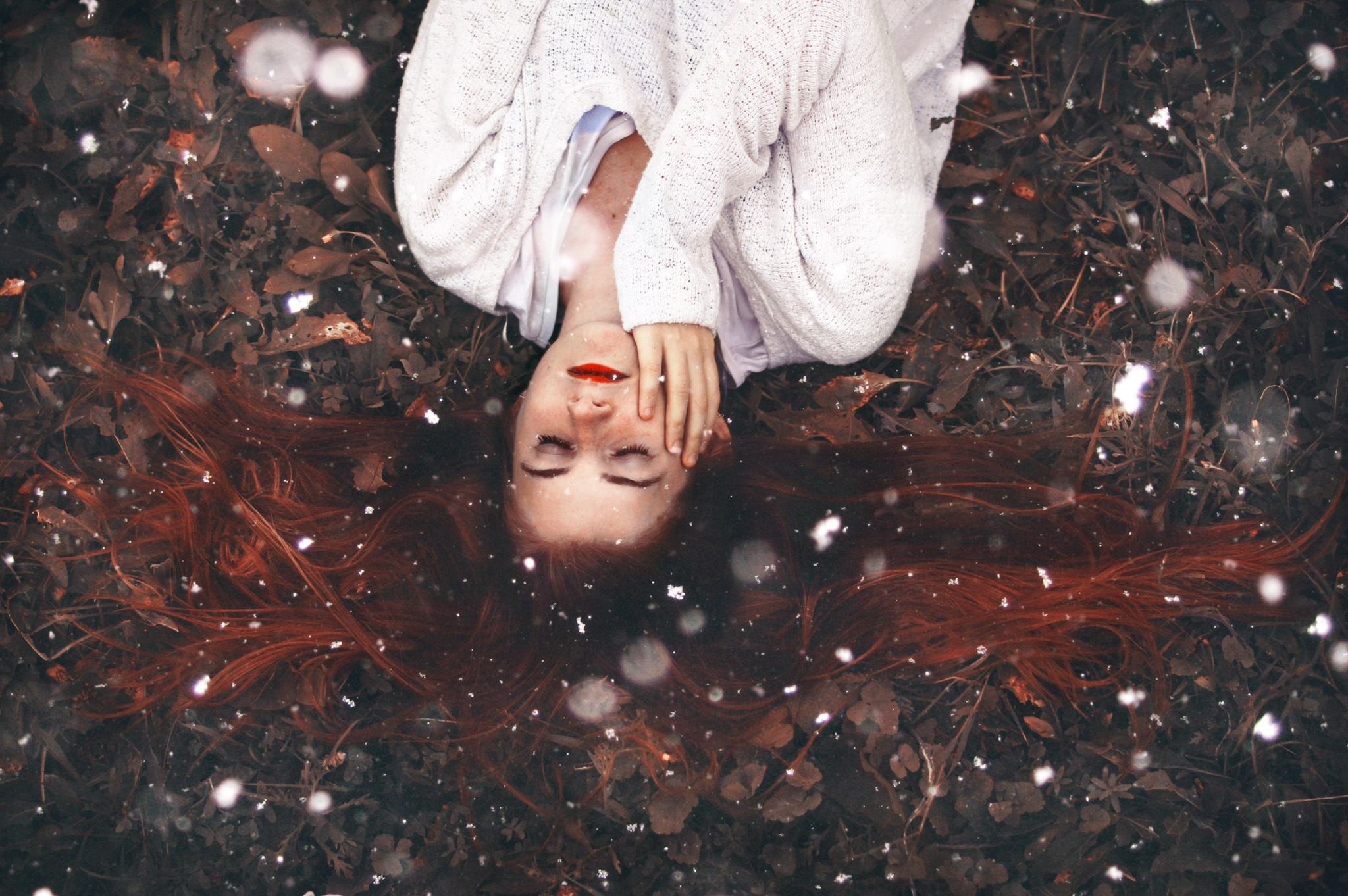 Women Redhead Red Lipstick Hand On Face Closed Eyes Snow Flakes 2048x1362