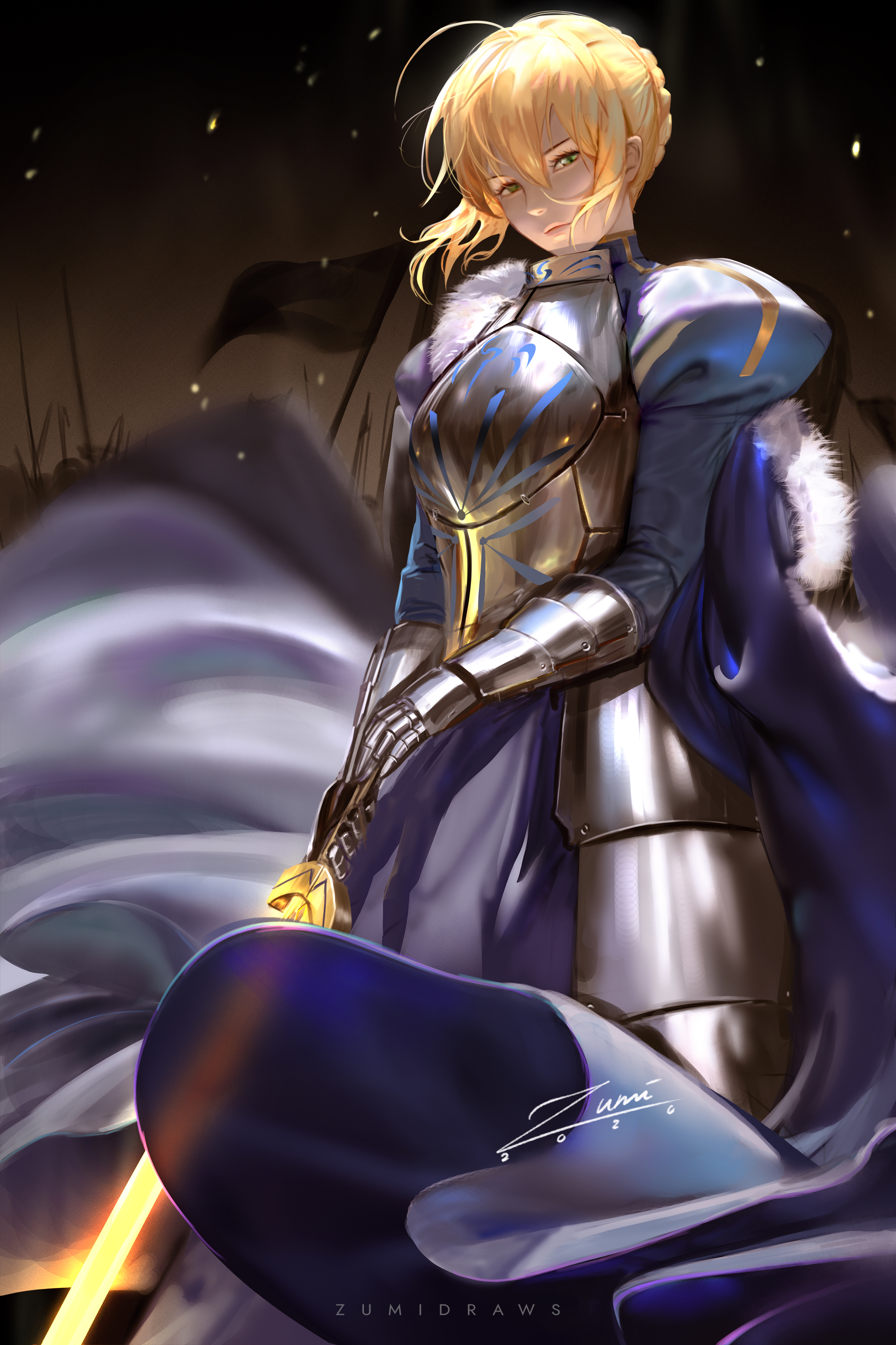 Saber Fate Series Anime Girls Fan Art Looking At Viewer Armor Arm Warmers Cape Glowing Vertical Artw 2339x3508