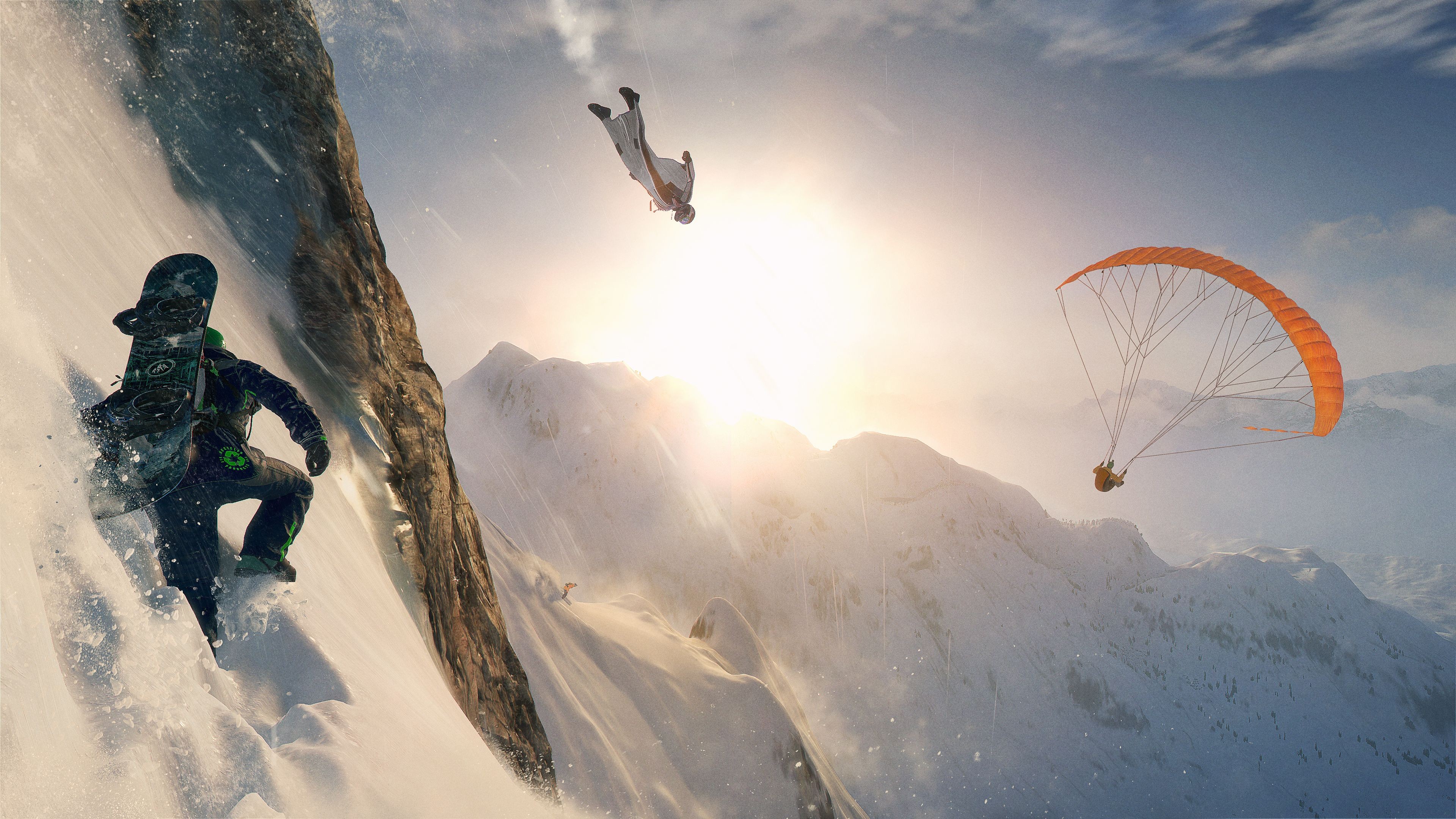 Video Games Steep Mountains Snow Sun Parachutes Skydiver Skydiving Snowboards Clouds Wingsuit Men Ub 3840x2160