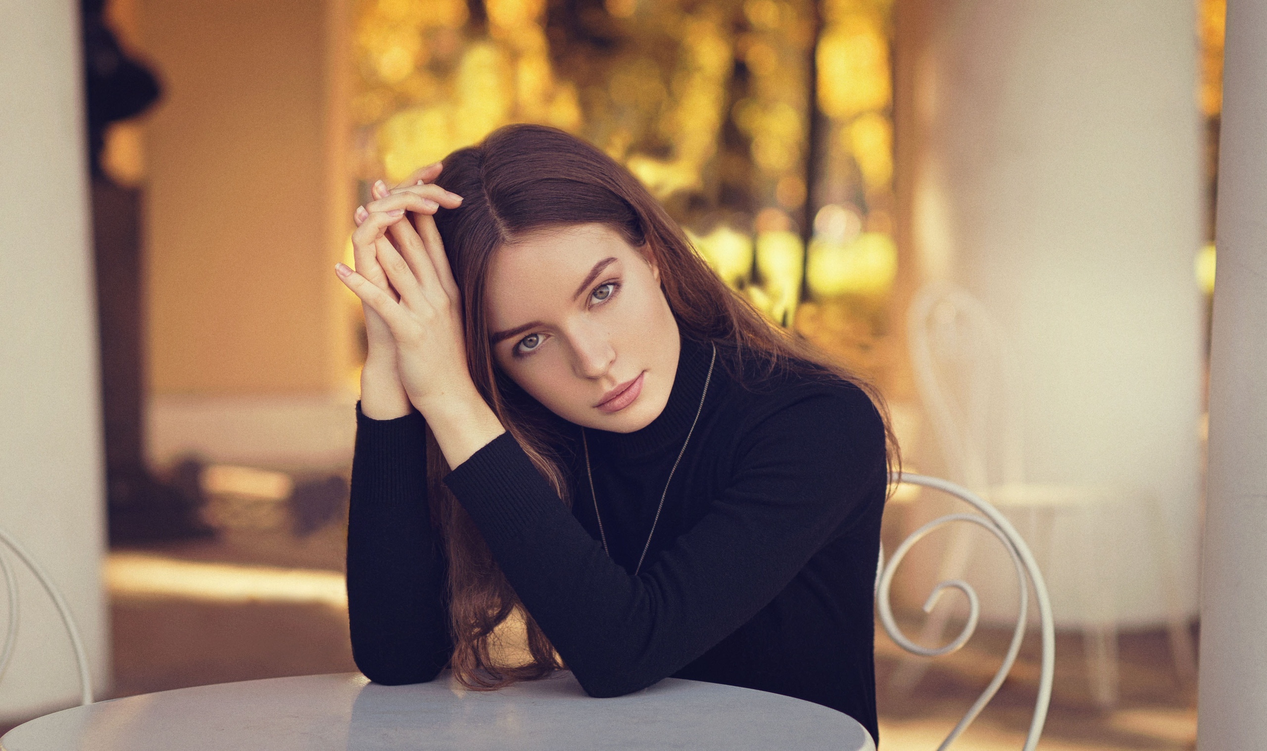 Women Brunette Face Portrait Bokeh Black Clothing Sitting Long Hair Kadiev Ismail Black Sweater Blac 2560x1518