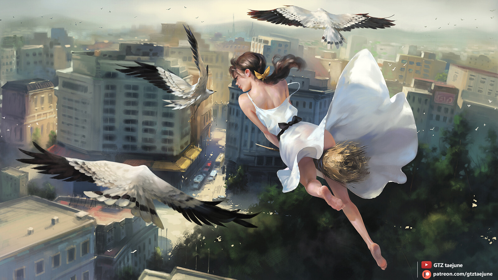 Ponytail Fantasy Girl Dress White Dress Witch Broom Witches Broom Barefoot City Birds Fantasy Art Ar 1600x900