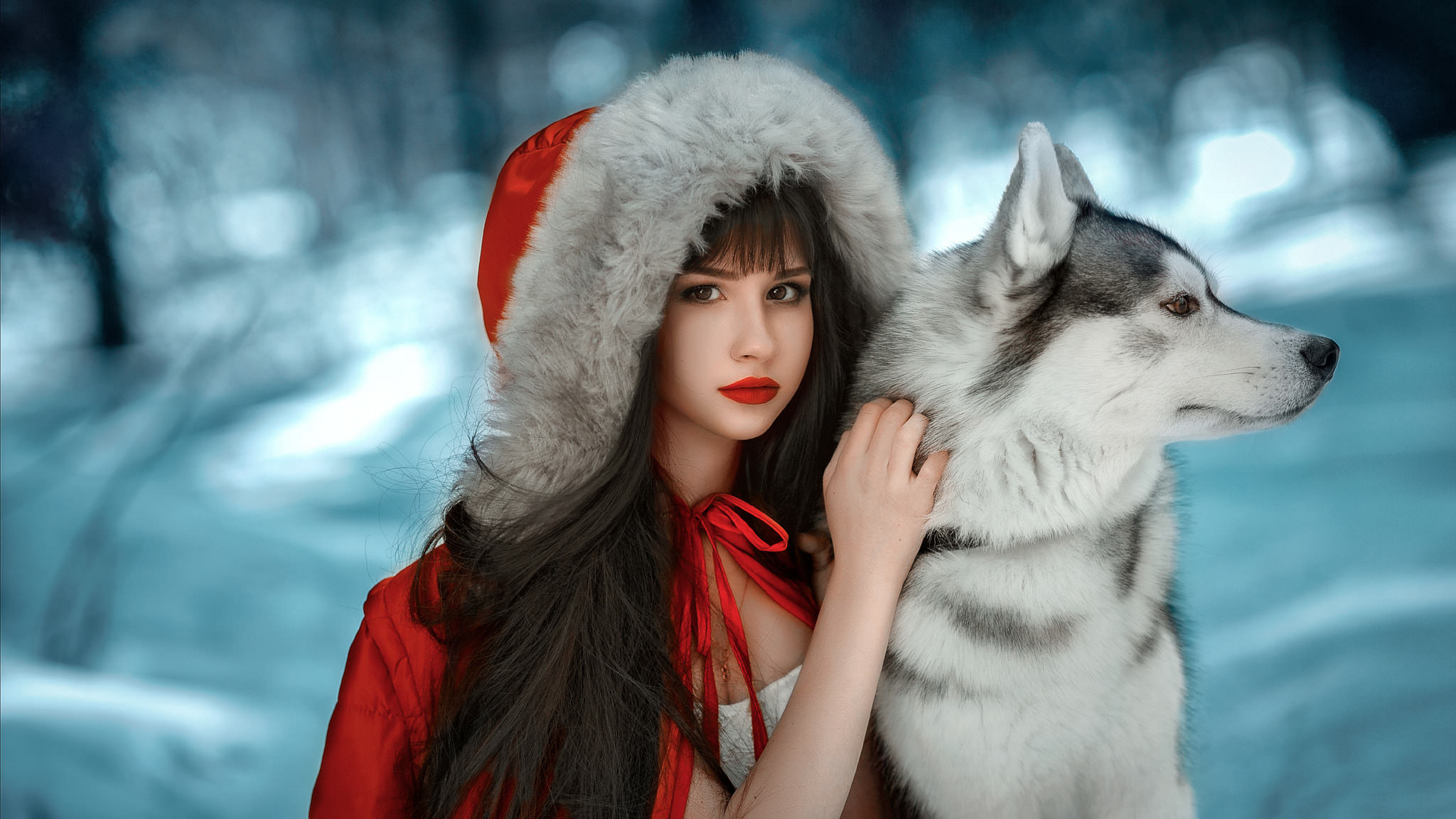 Women Hoods Depth Of Field Red Lipstick Portrait Siberian Husky Dog Animals Red Coat Black Hair Litt 2048x1152