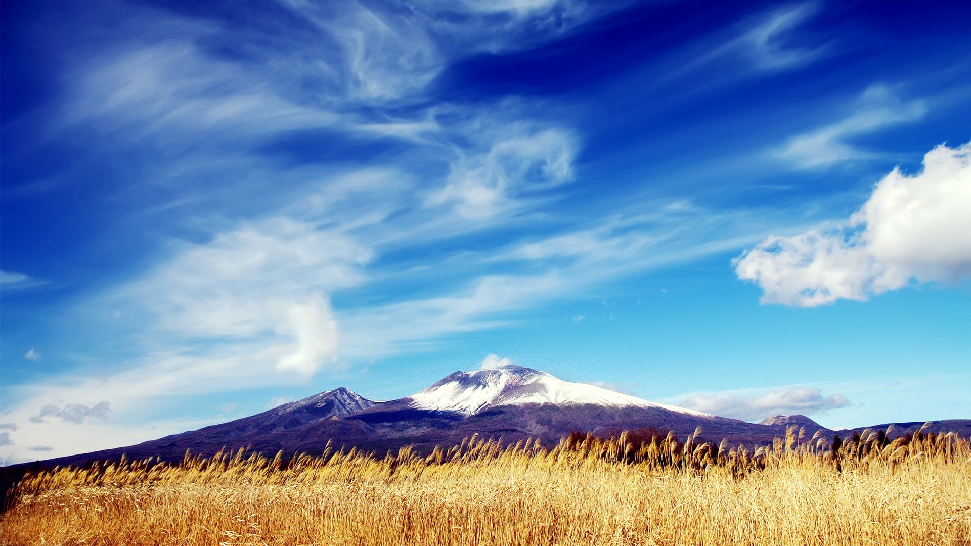 Nature Landscape Mountains Clouds Snowy Peak Field Grain 1920x1080