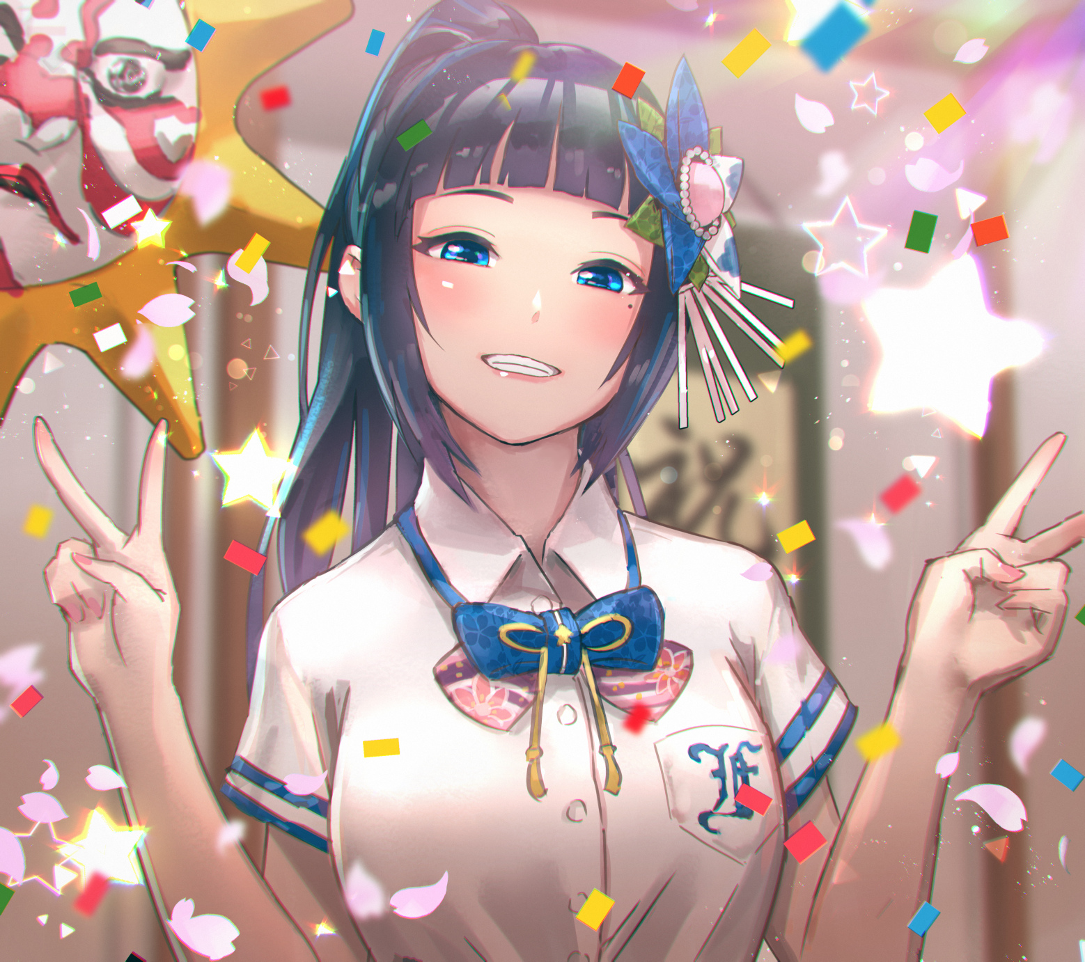Anime Girls Virtual Youtuber Dark Blue Hair Ponytail Blue Eyes Smiling Shirt Bow Tie Peace Sign Dept 1558x1382
