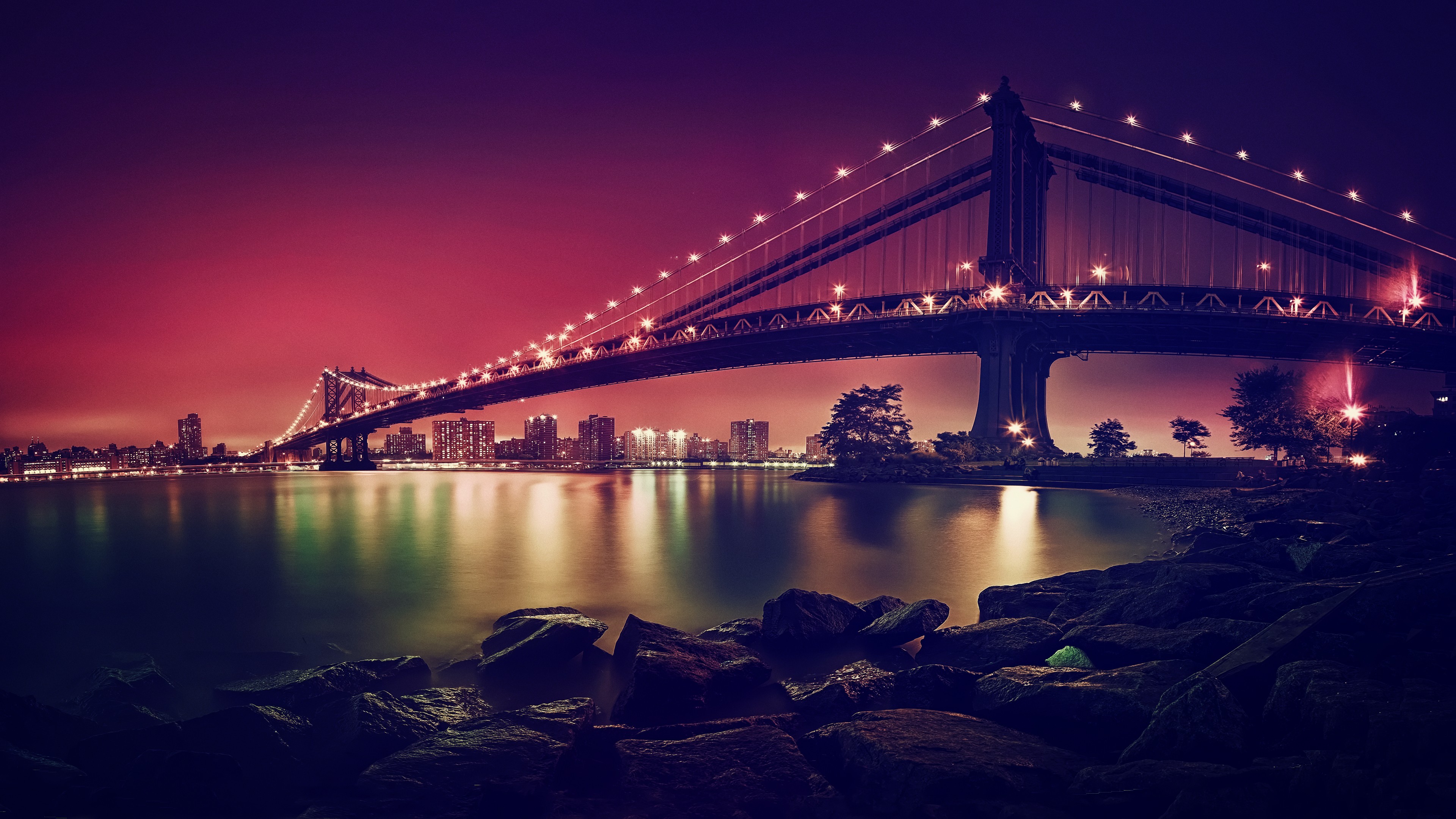 New York Bridge Water Bay Night Light 3840x2160