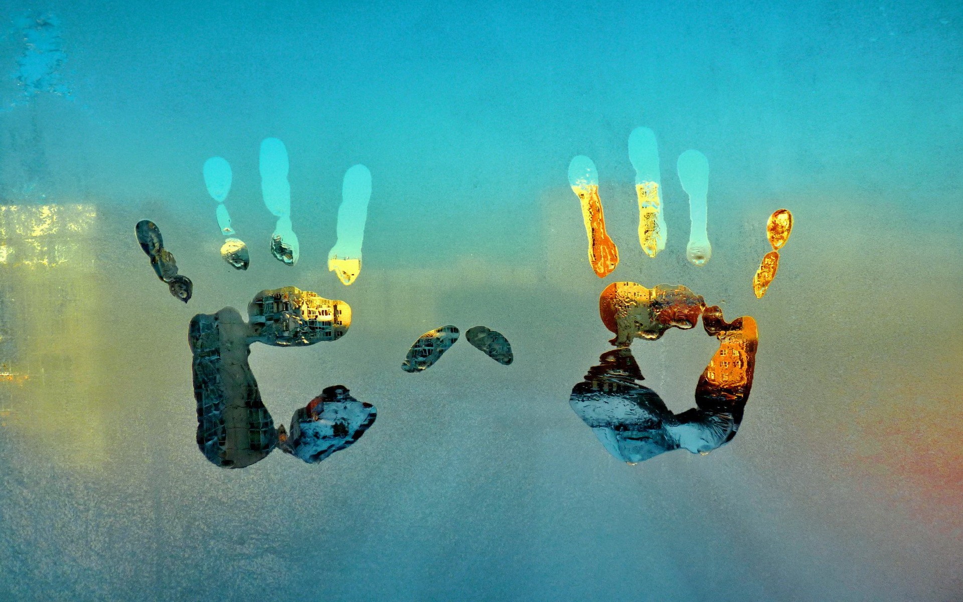 Photography Window Frost Glass Hands Handprints Water On Glass Wet Cyan Turquoise Morning 1920x1200