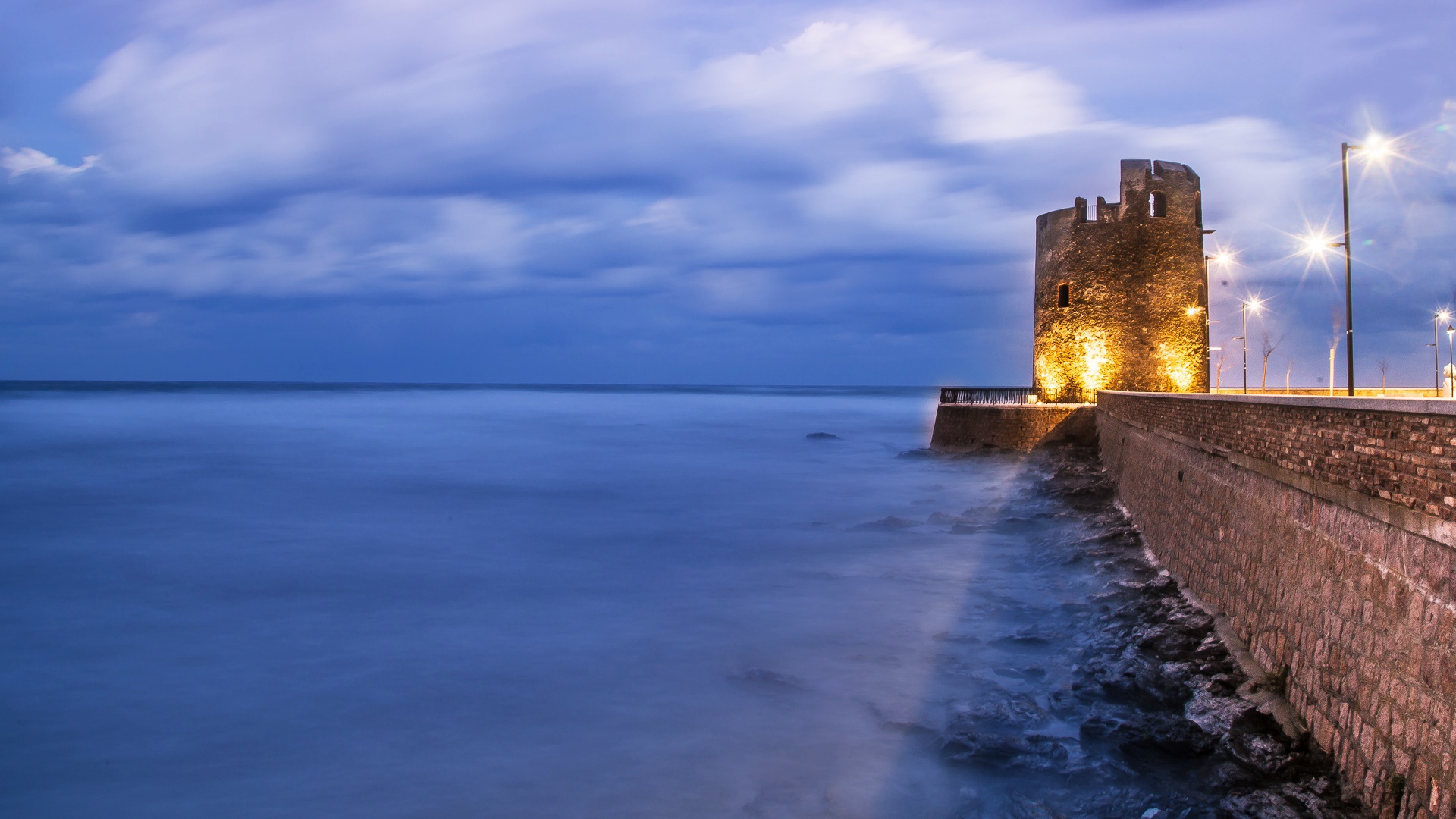 Sardinia Italy Nuoro Sea Lights Tower Sky 1920x1080