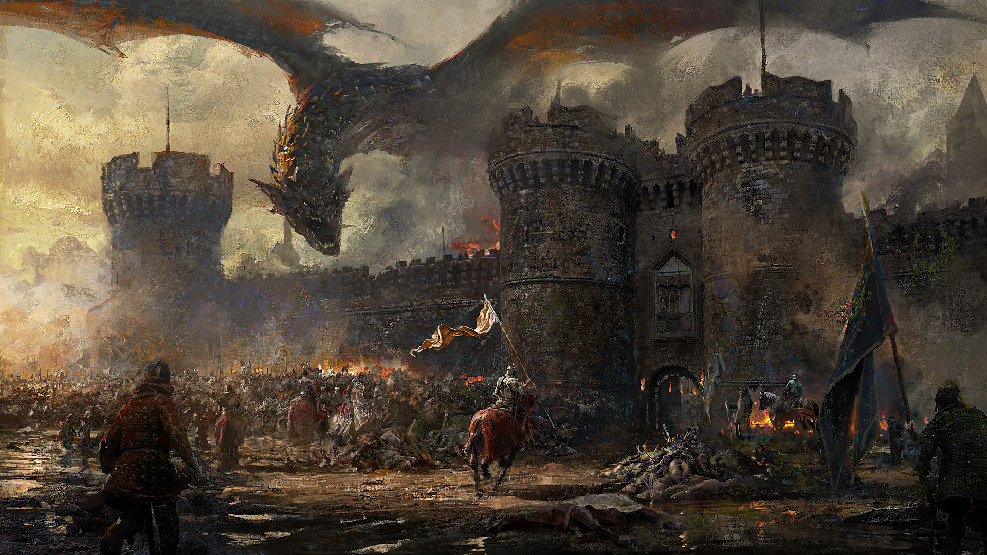 Fantasy Art Siege Dragon Knight Cavalry Wall Banner Fire Army Smoke Eragon 1920x1080