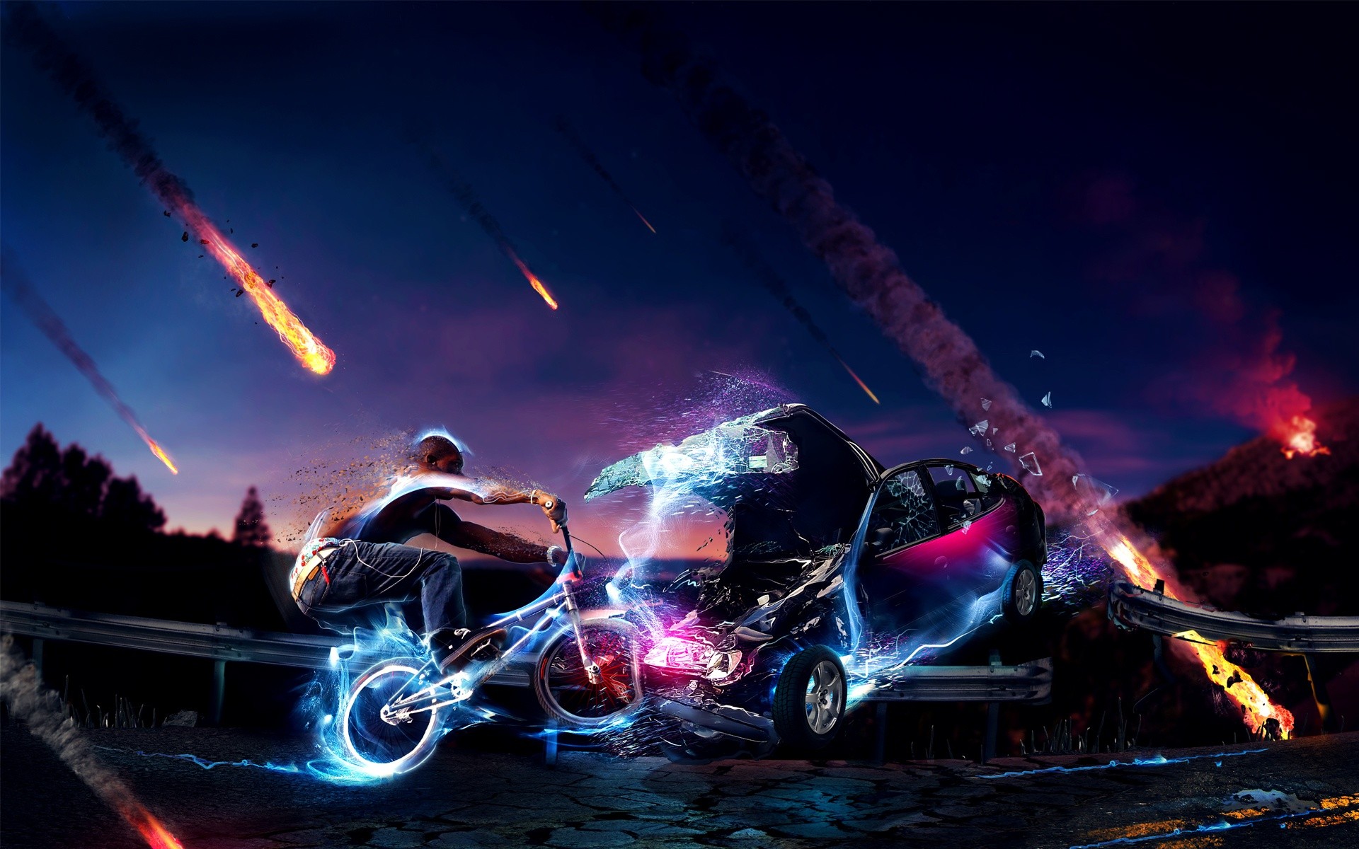 Digital Art Fantasy Art BMX Neon Lights Car Collision Accidents Night Bicycle Road Meteors Fire Brok 1920x1200