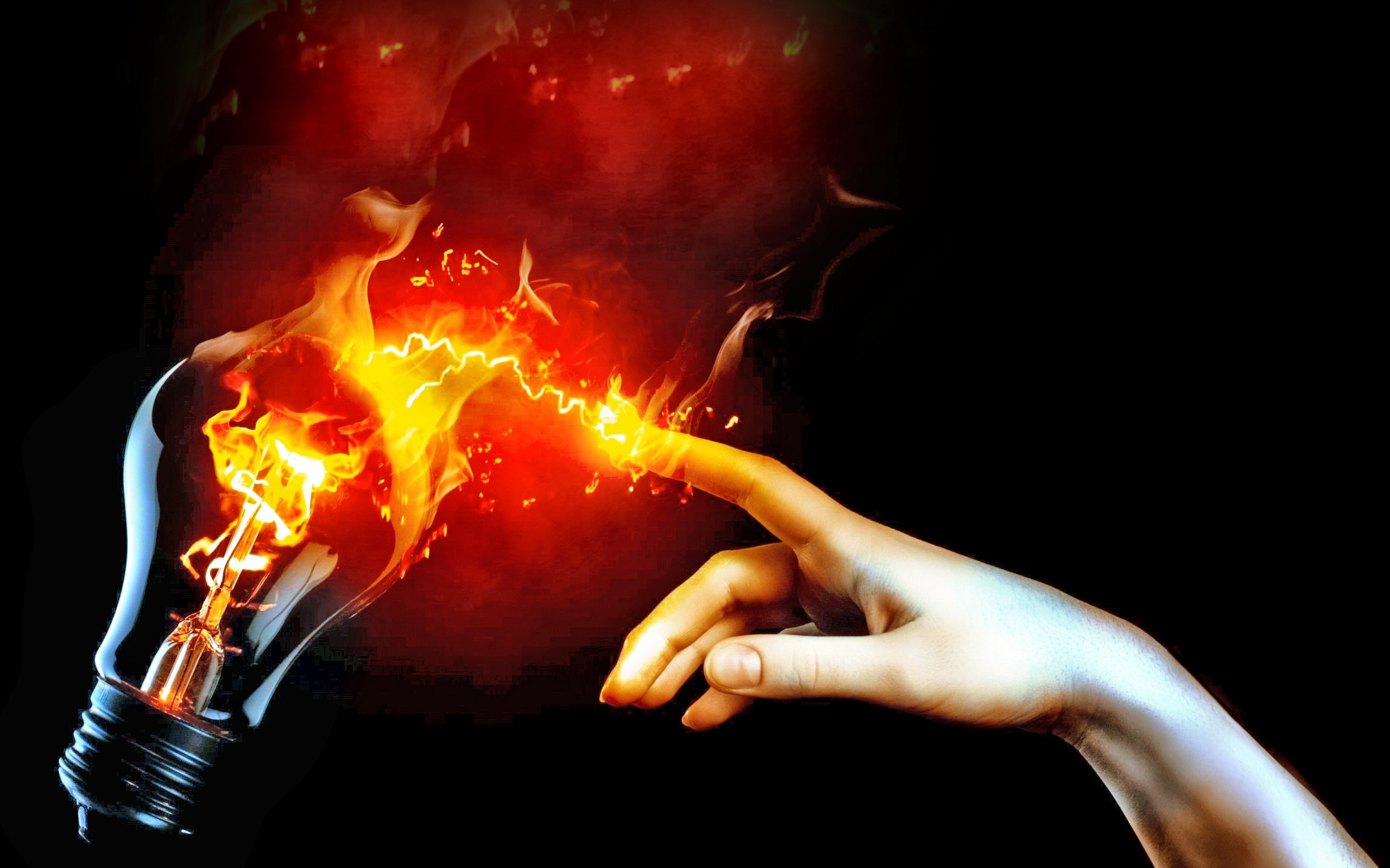 Abstract Fire Lightbulb Red Hands Fingers 2560x1600