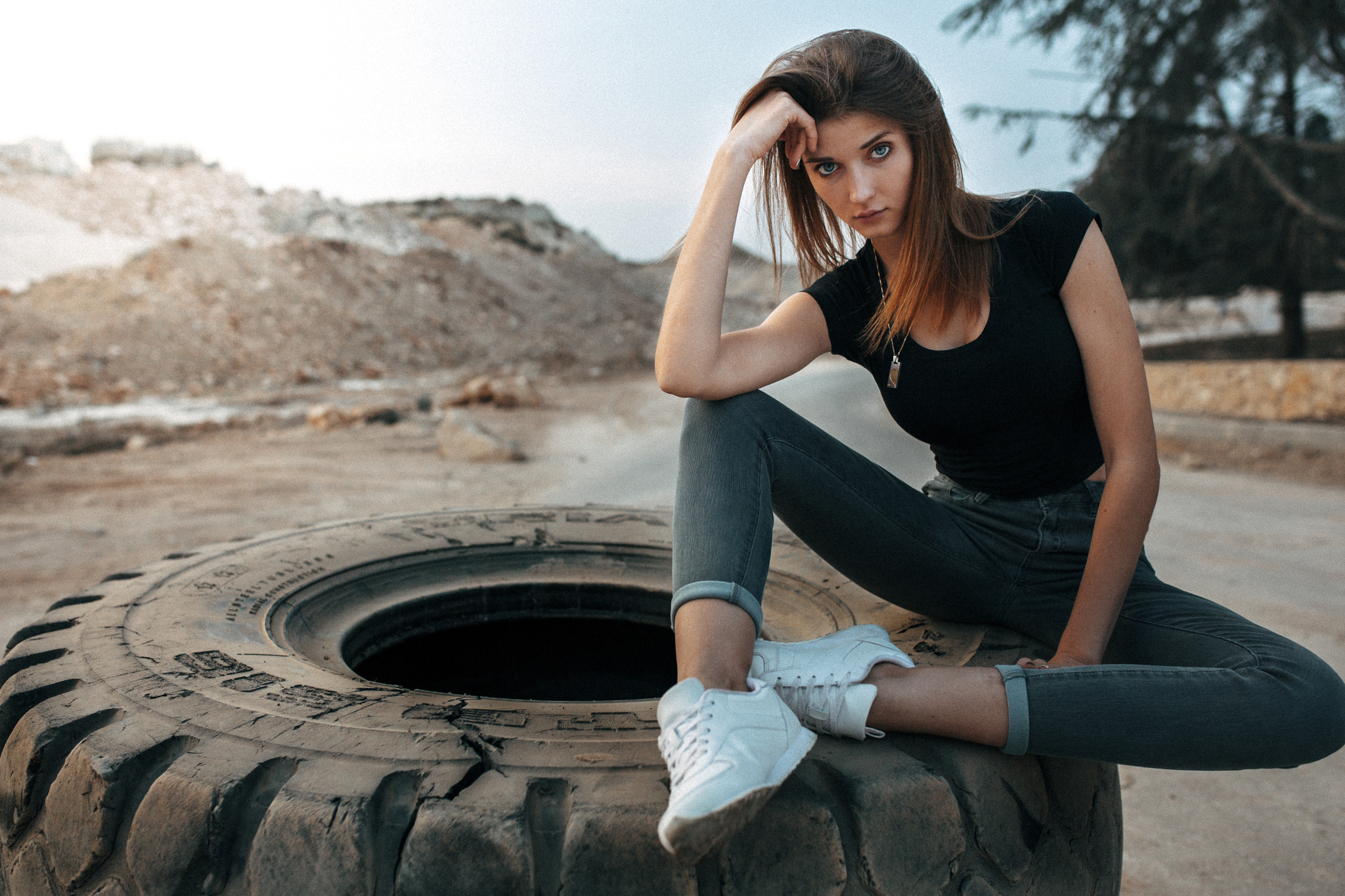 Women Sitting Jeans Necklace Tires Sneakers Women Outdoors Depth Of Field Blue Eyes 2048x1365