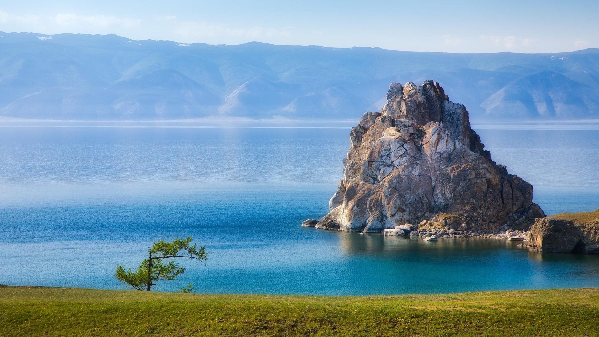 Lake Lake Baikal Mountains Rock Formation Landscape 2071x1165