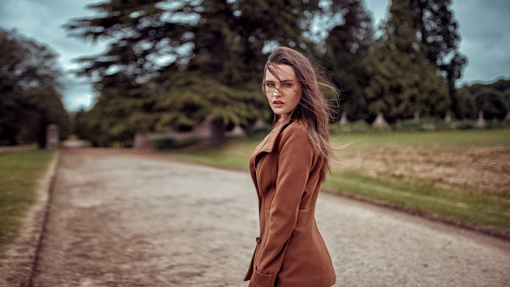 Oliver Gibbs 500px Photography Women Model Fashion Photography Coats Brown Coat Hair In Face Windy O 2048x1152