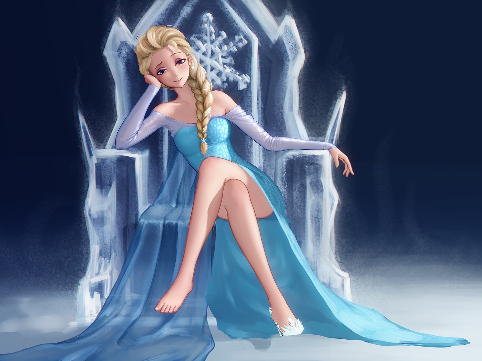 Anime Anime Girls Frozen Fever Frozen Movie Princess Elsa Long Hair Blonde Feet Legs Legs Crossed 1600x1200