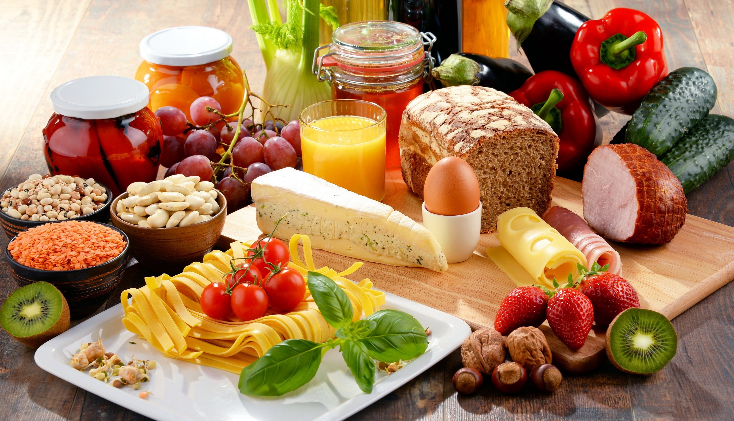 Food Still Life Cheese Fruit Noodles Bread Strawberries Vegetables 2560x1470