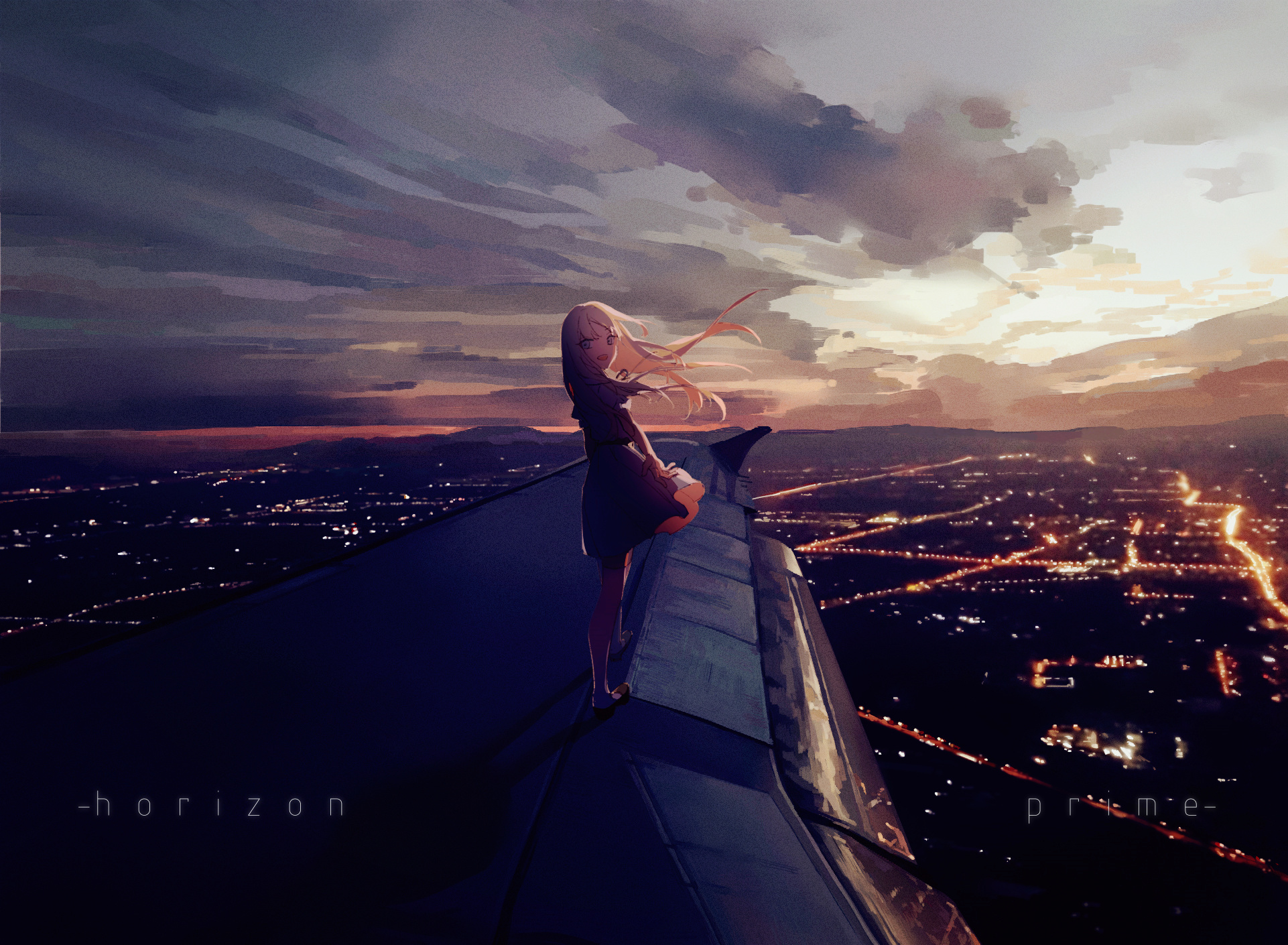 Horizon Dark City Anime Girls Prime Long Hair Anime Sky City Lights Clouds Night Cityscape Artwork P 1922x1410