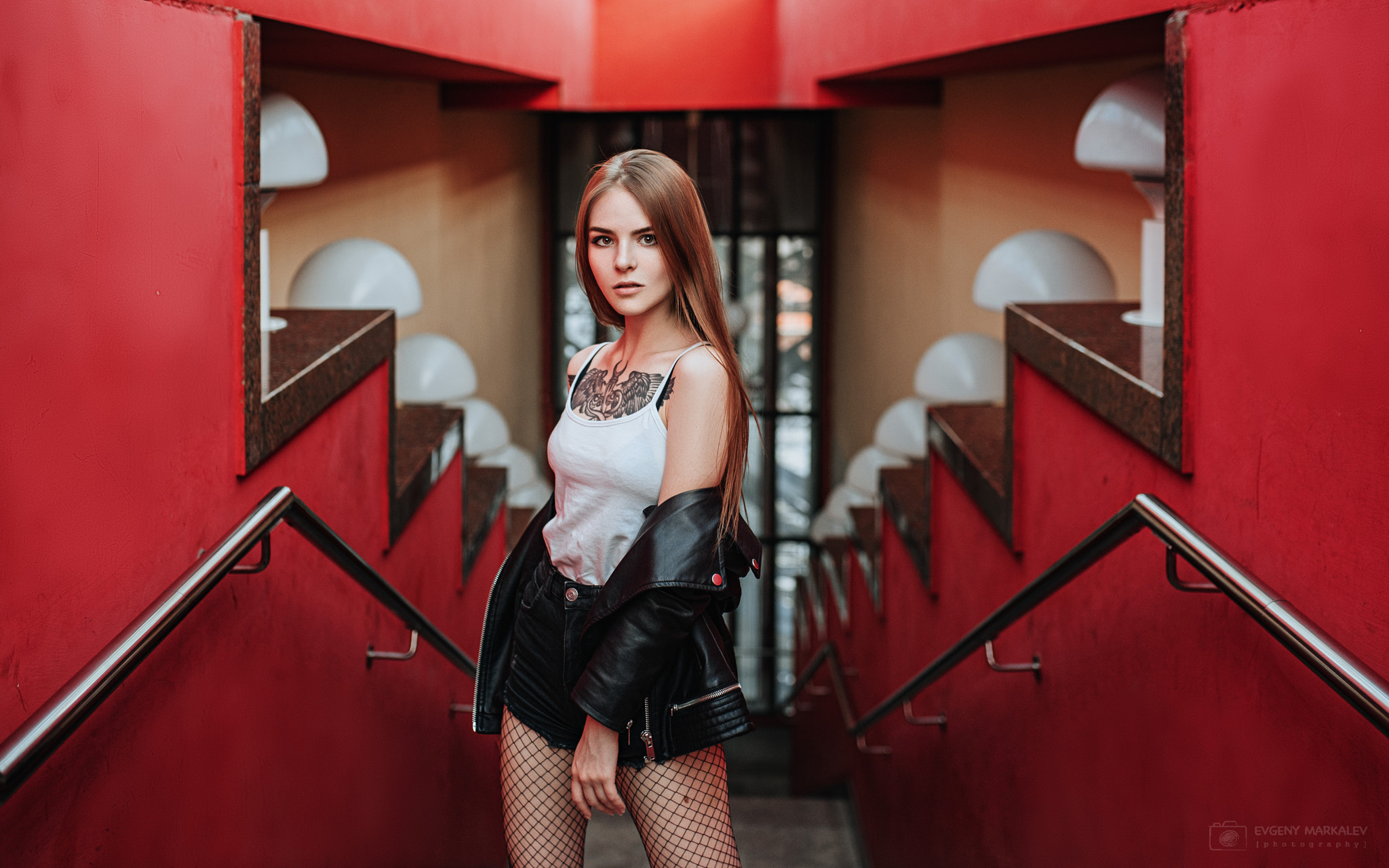 Women Brunette White Tops Leather Jackets Looking At Viewer Evgeny Markalev Leather Vasilisa Sarovsk 2048x1280