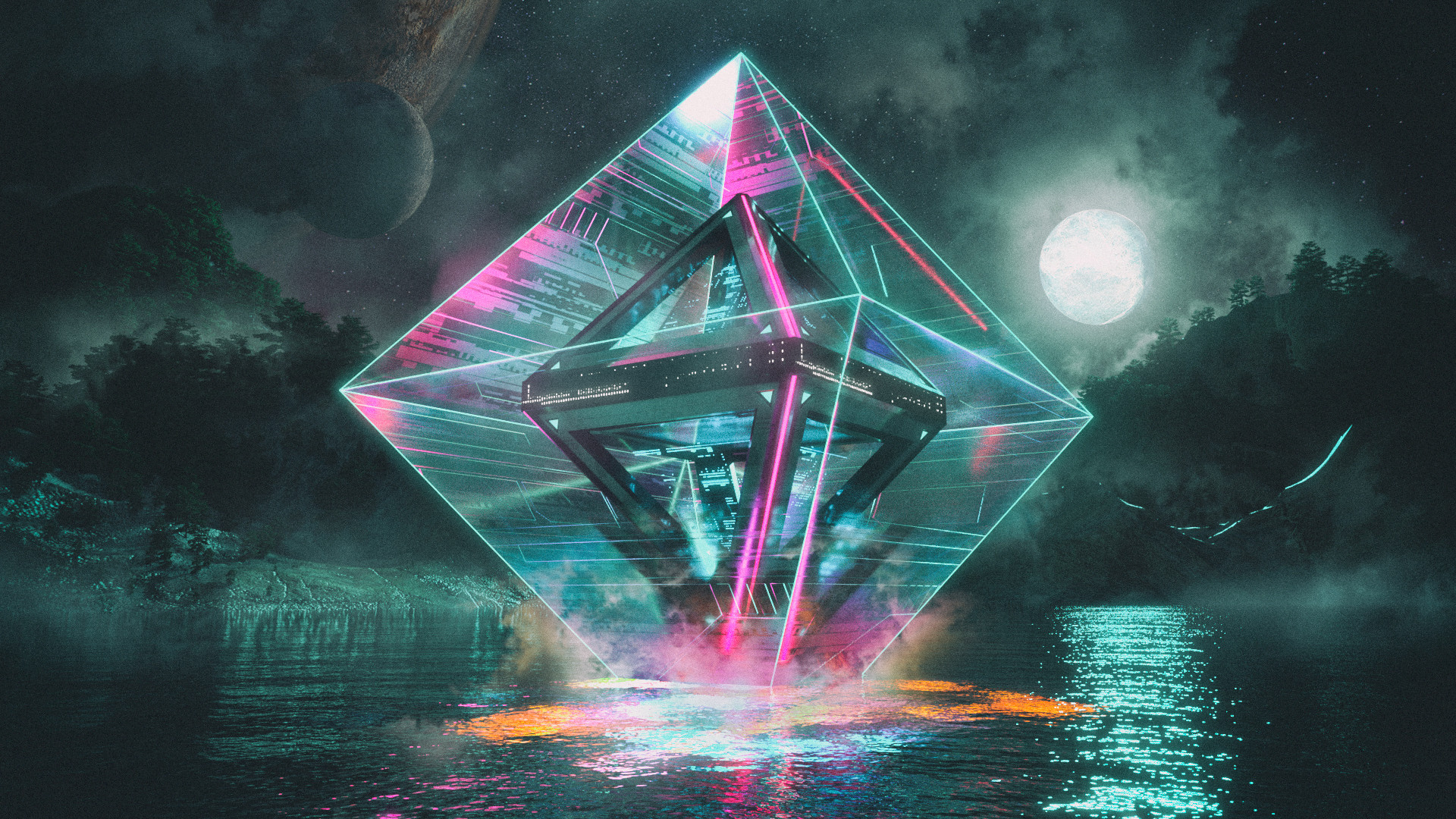 David Legnon Cyberpunk Neon Glow Prism Moon Water Reflection Science Fiction Planet Mist Night 1920x1080