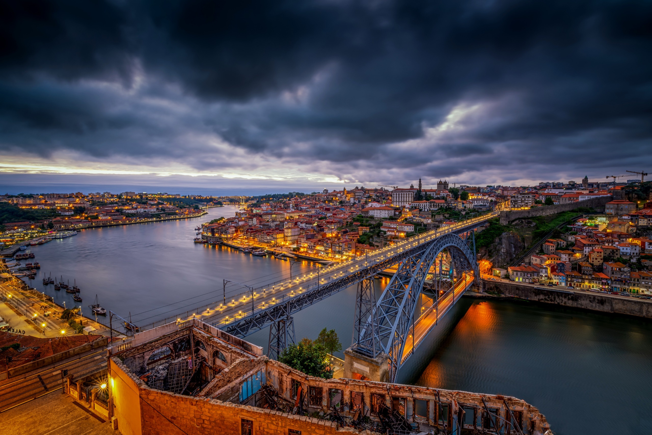 Cityscape Bridge Portugal Porto City Overcast 2560x1707