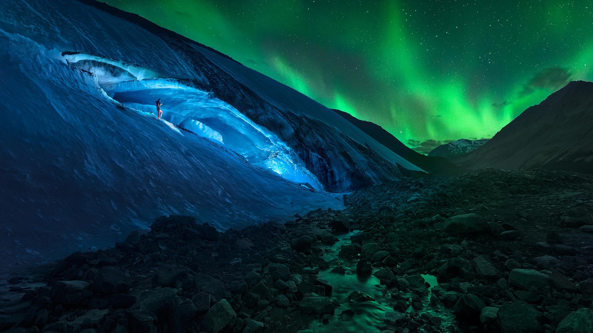 Landscape Mountains Stream Rock Stones Night Aurorae Aurora Borealis Glaciers Men Stars Lights Long  1920x1080