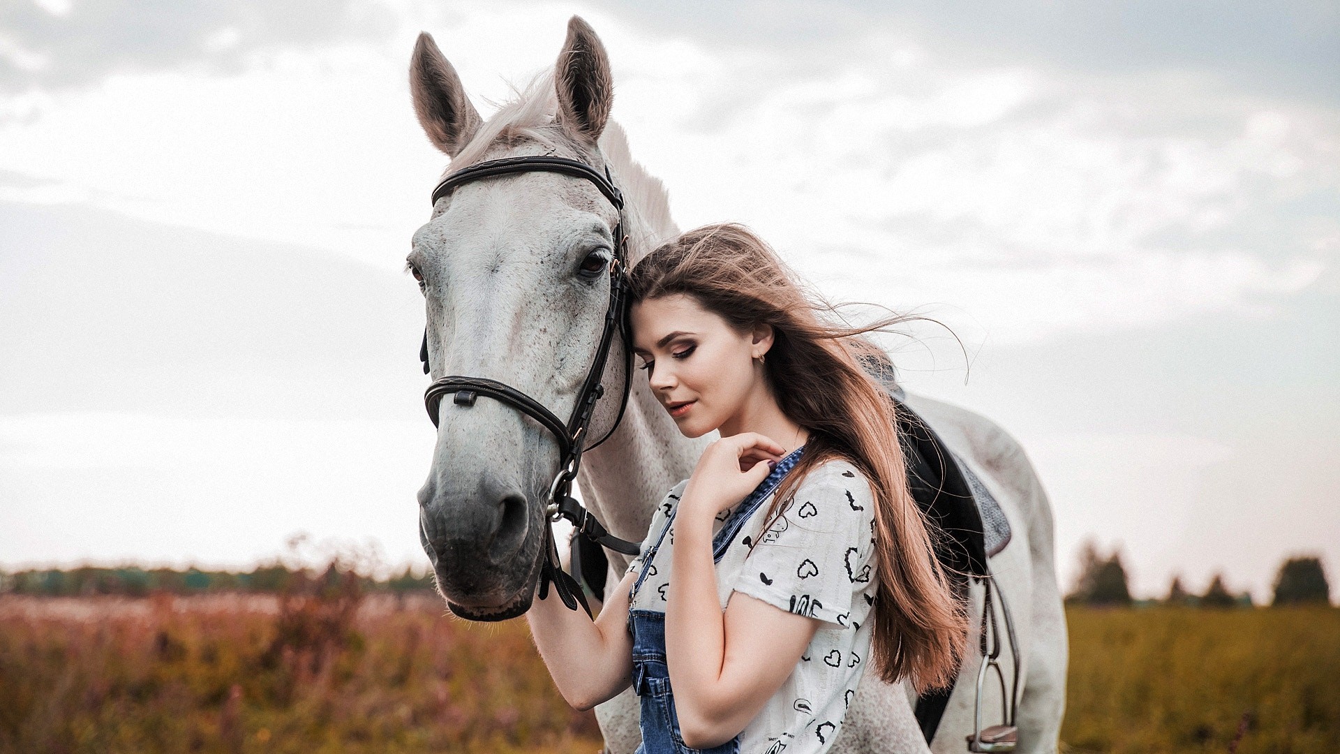 Dmitriy Korneev Women Long Hair Brunette Model Face Portrait Straight Hair Women Outdoors Horse Wome 1920x1080