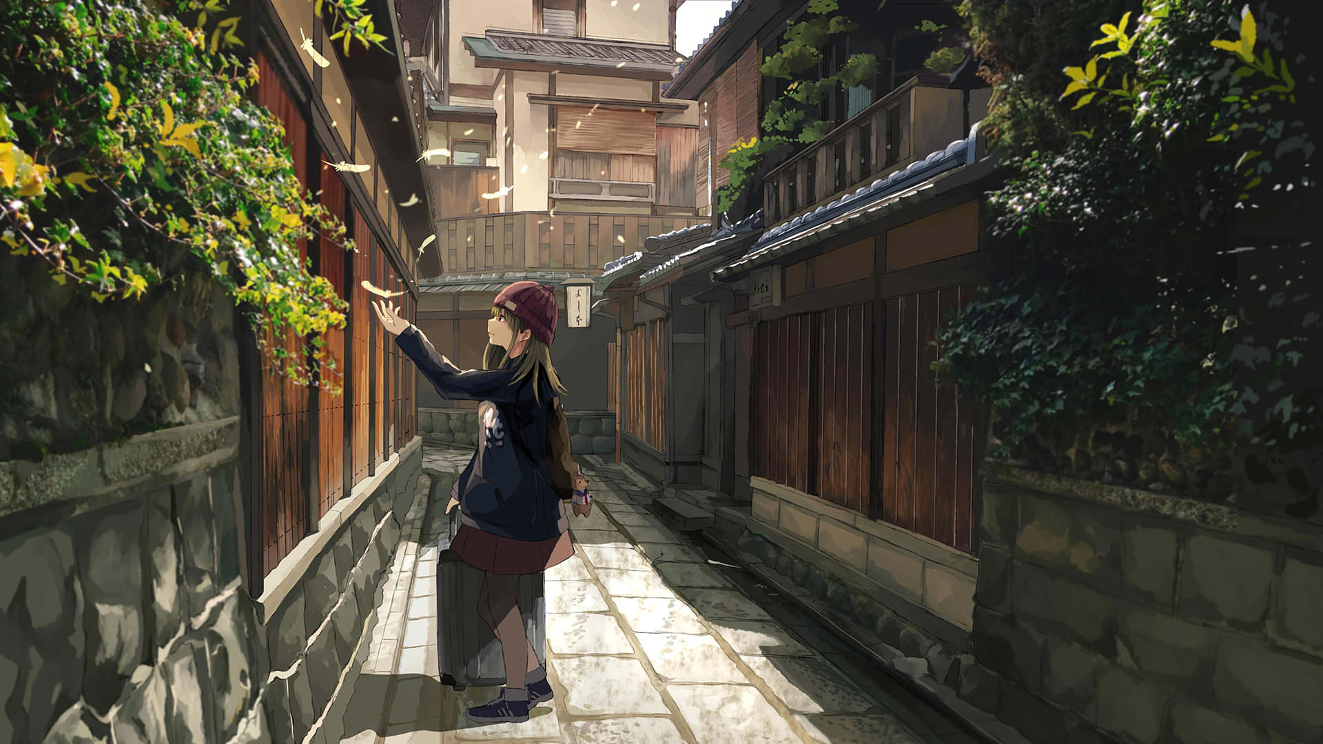 Digital Art Artwork Anime Anime Girls Alleyway Street Japan Feathers Beanie 1920x1080