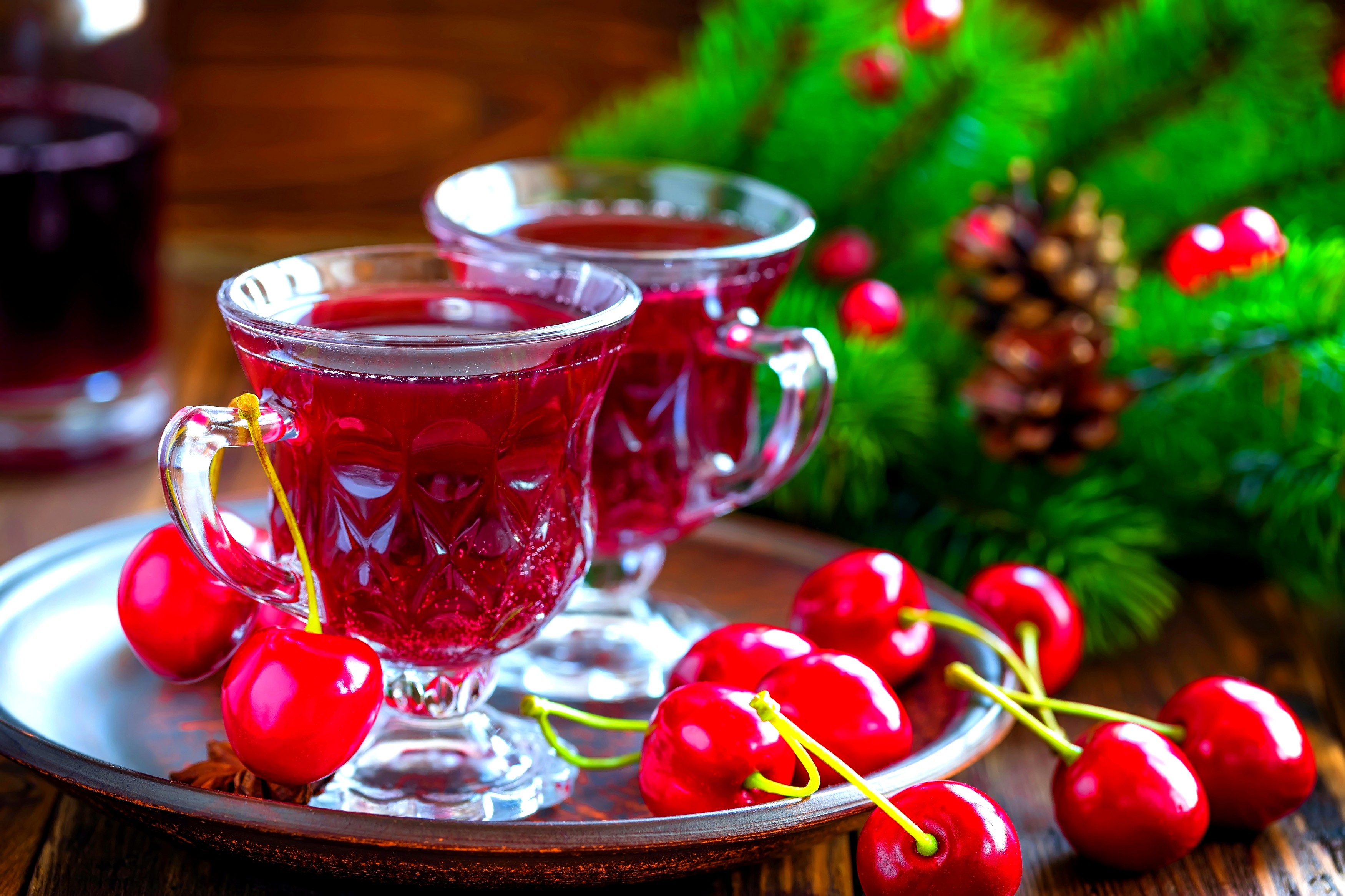 Drinking Glass Cherries Holiday Wreaths Christmas Glass 3500x2333