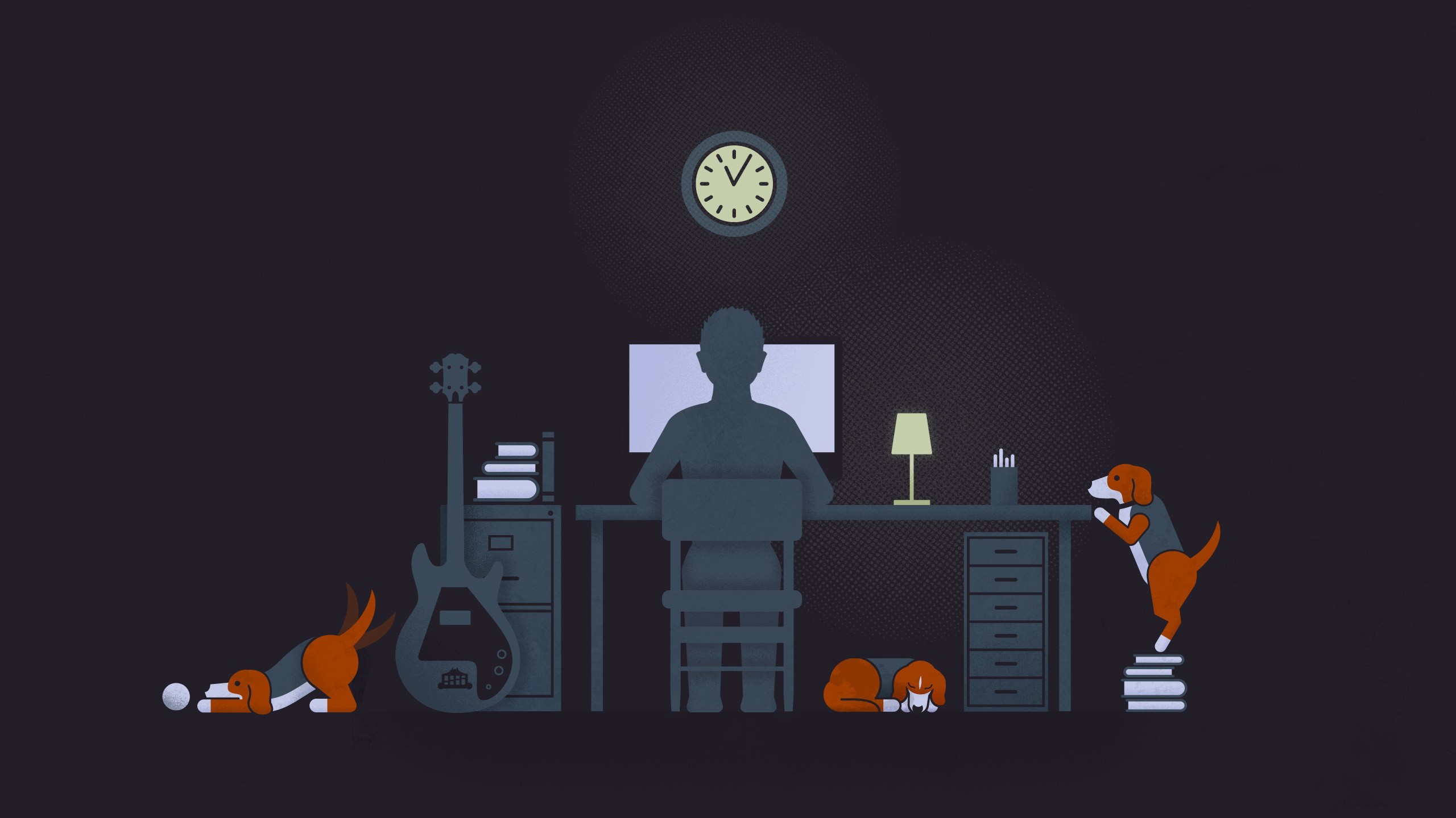 Simple Desk Clocks Books Guitar Dog Computer Minimalism Night Studying Students Motivational Work Ar 2560x1440