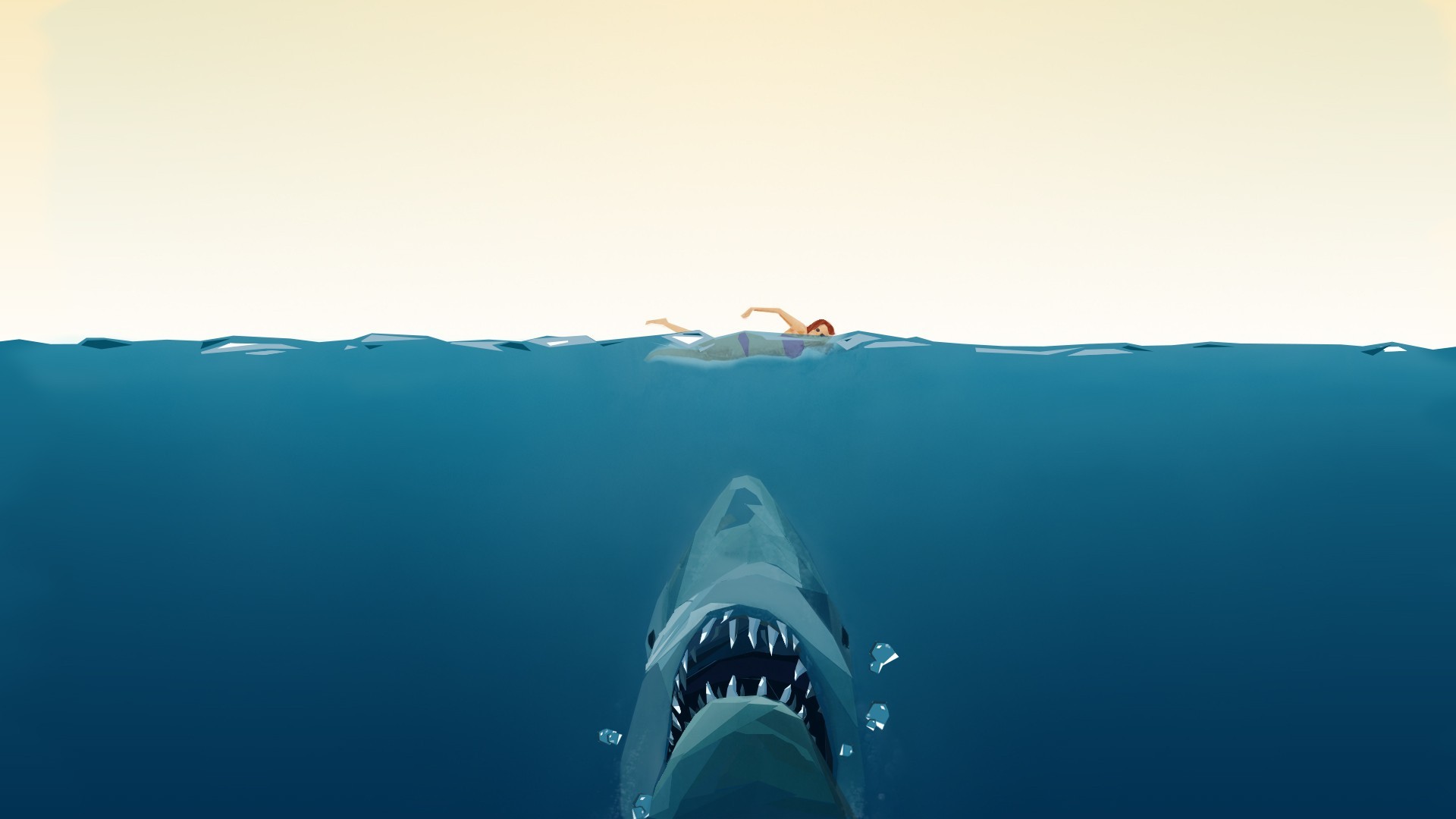 Low Poly Swimming Water Split View Shark Movies Simple Background Fish Animals 1920x1080