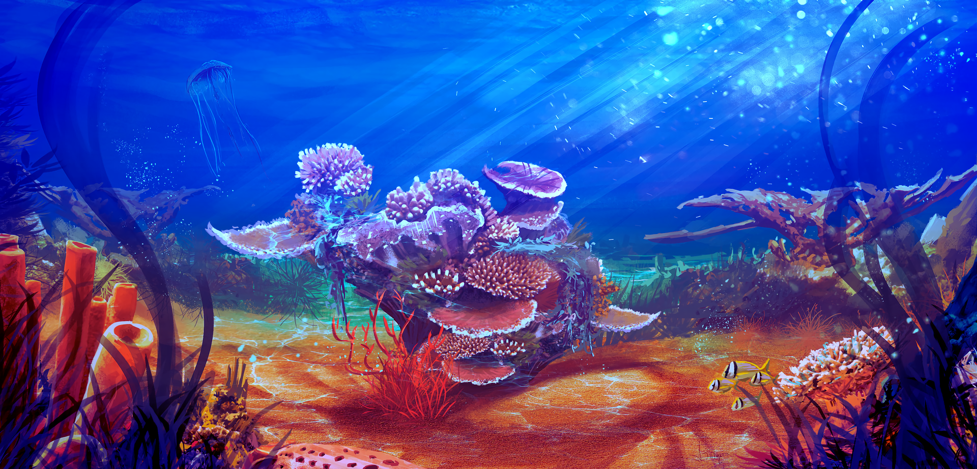 Coral Sea Underwater Artwork Digital Art Illustration Luciano Neves 1920x922