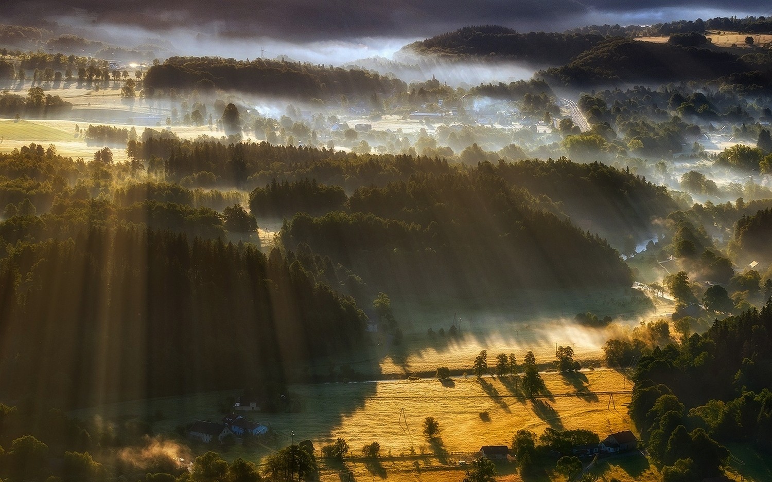 Landscape Nature Sun Rays Mist Forest Hills Villages Field Trees Aerial View 1500x938