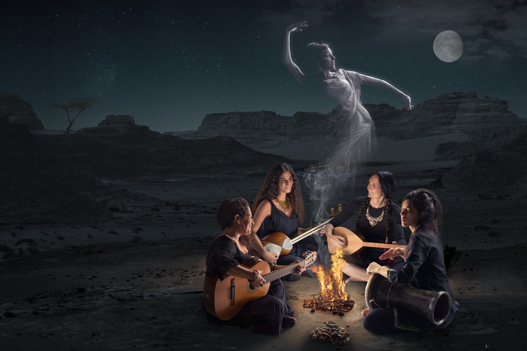 Women Musician Ghost Dancer Bonfires Night Digital Art Campfire 2048x1365
